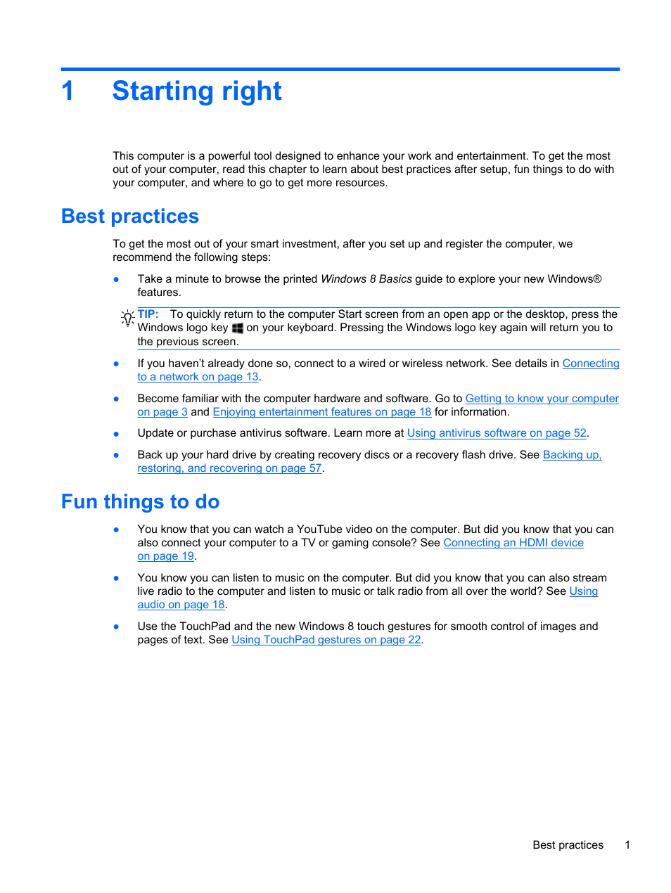 Starting right, Best practices, Fun things to do | 1 starting right, Best practices fun things to do, 1starting right | HP Pavilion g6-2226nr Notebook PC User Manual | Page 9 / 75