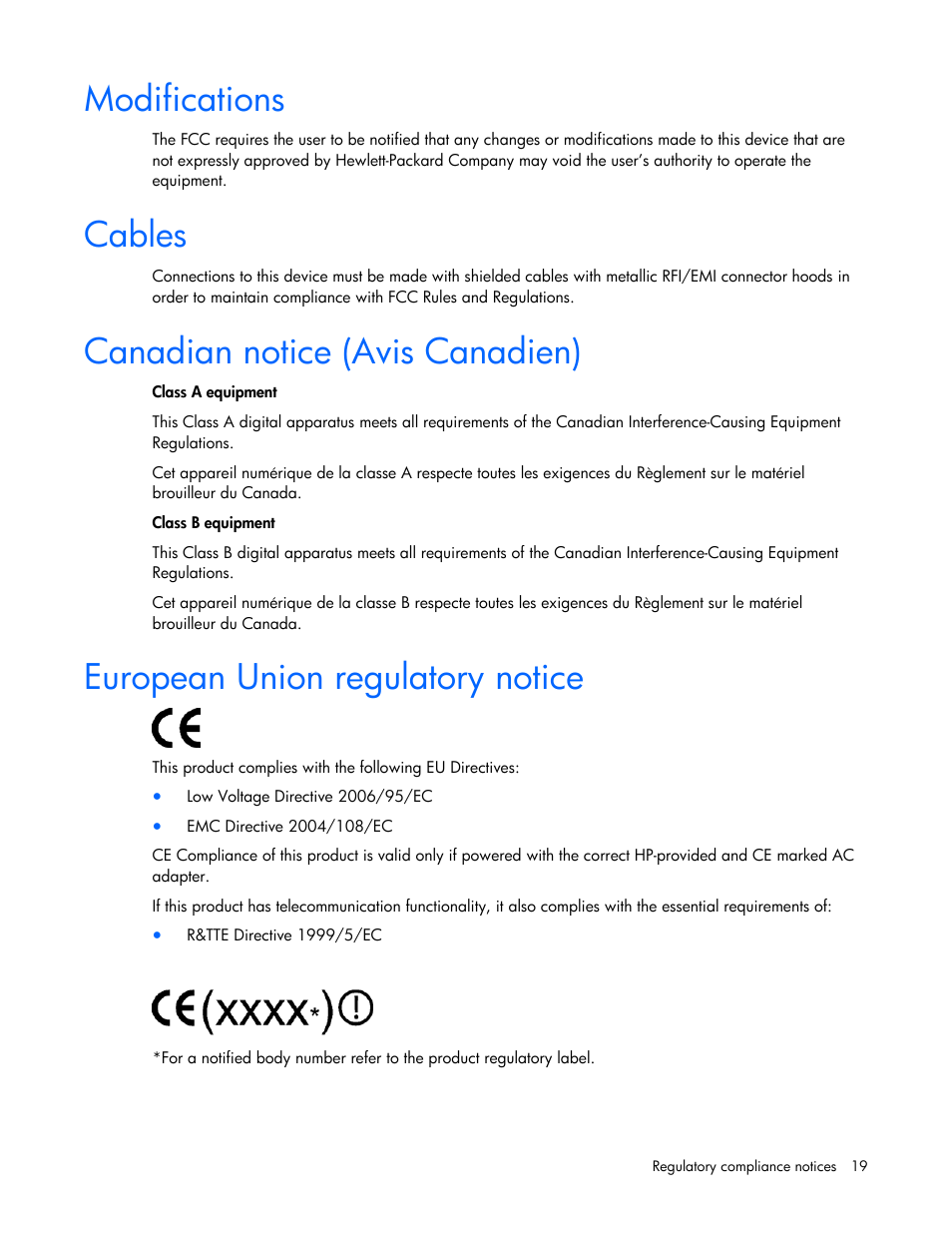 Modifications, Cables, Canadian notice (avis canadien) | European union regulatory notice, 19 cables | HP NC380T PCI-E Dual Port Multifunction Gigabit Server Adapter User Manual | Page 19 / 25