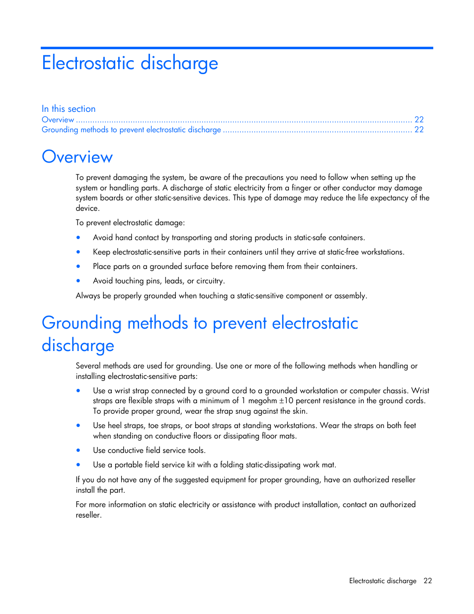 Electrostatic discharge, Overview | HP NC380T PCI-E Dual Port Multifunction Gigabit Server Adapter User Manual | Page 22 / 25