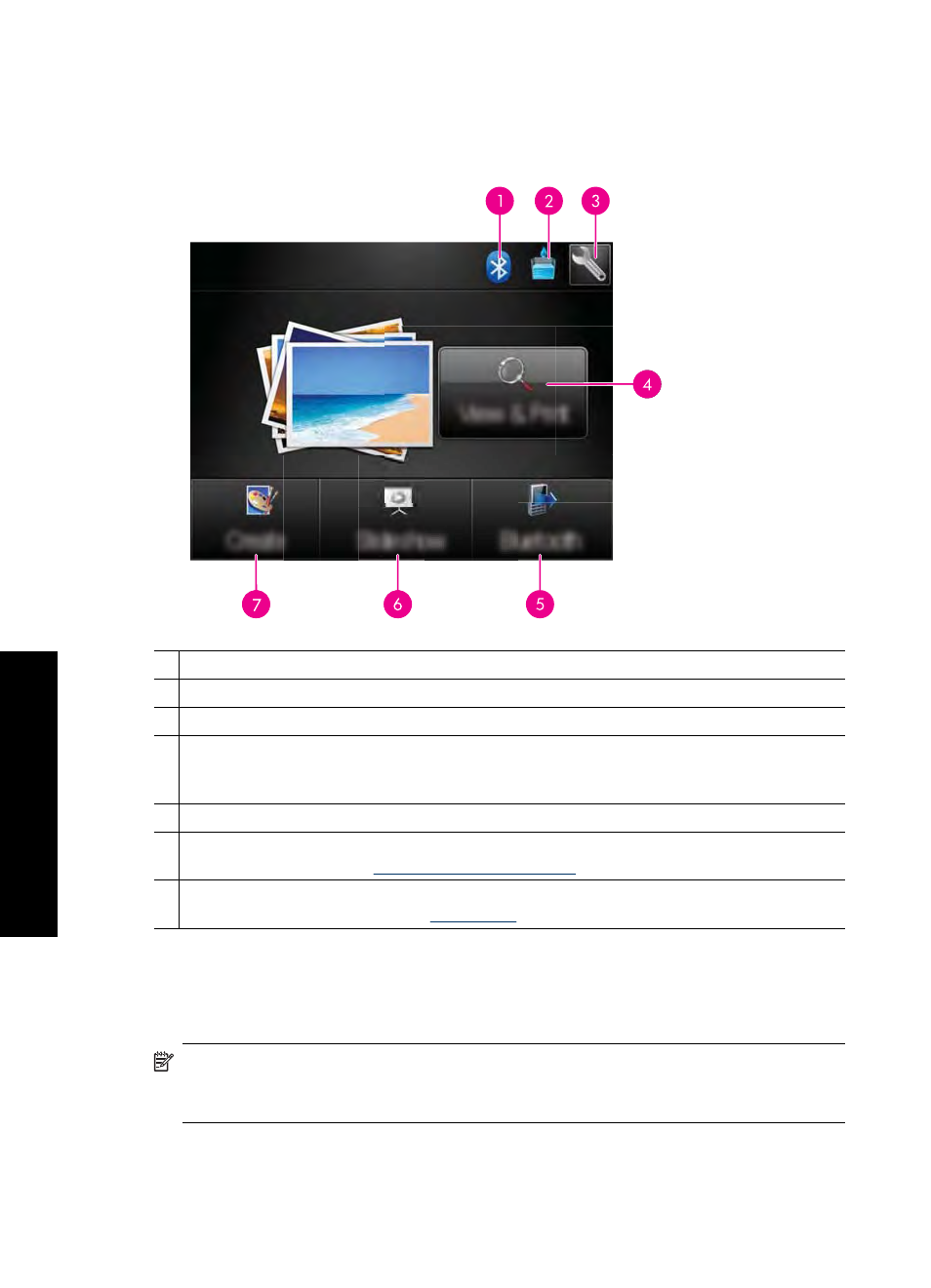 Photosmart menu, The touch screen frame, The touch screen | Frame | HP Photosmart A646 Compact Photo Printer User Manual | Page 14 / 96