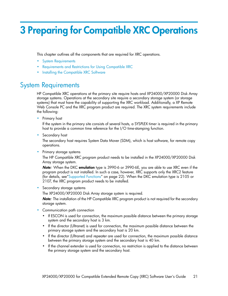 3 preparing for compatible xrc operations, System requirements | HP XP for Compatible Extended Remote Copy Software Licenses User Manual | Page 21 / 48