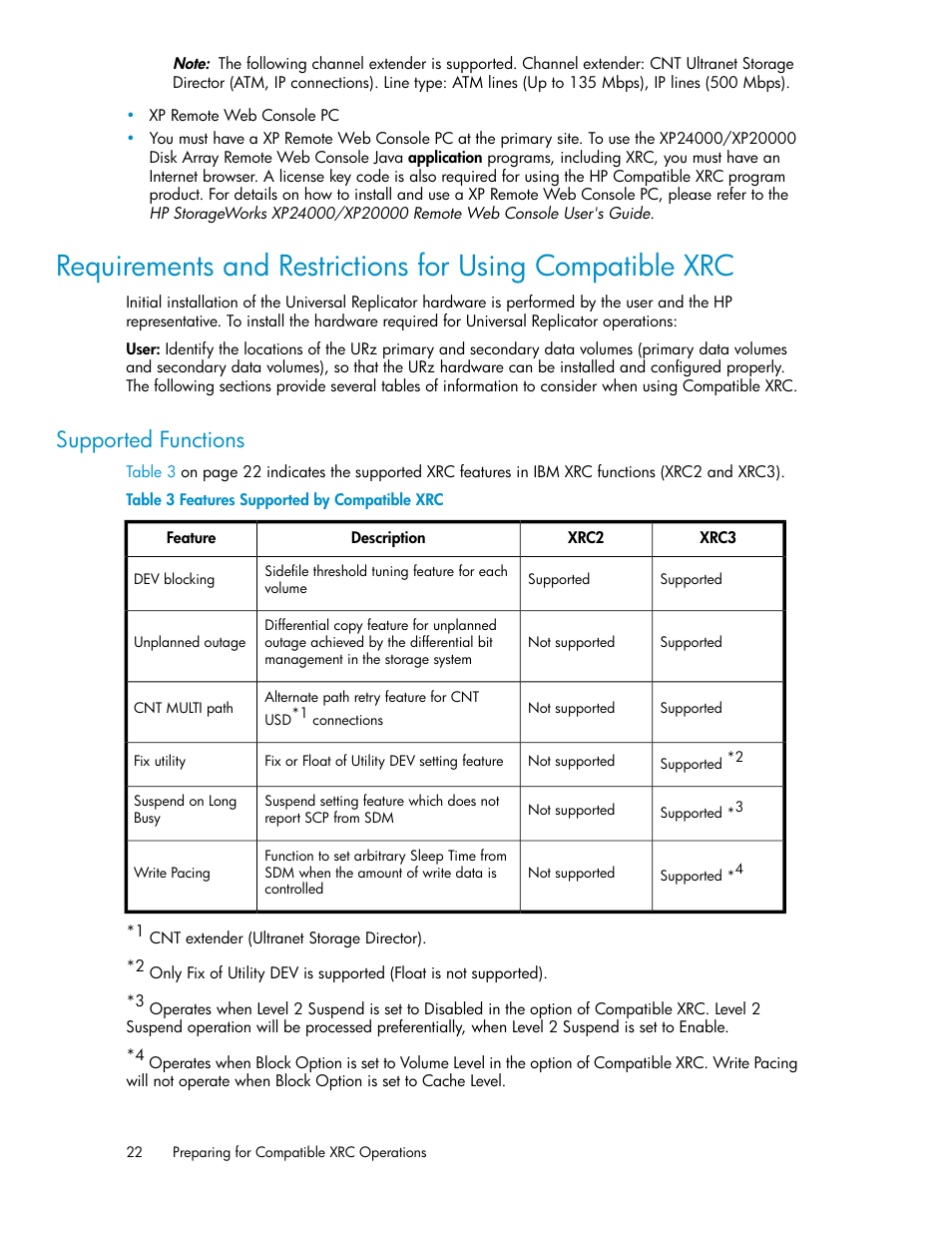 Supported functions, Features supported by compatible xrc | HP XP for Compatible Extended Remote Copy Software Licenses User Manual | Page 22 / 48