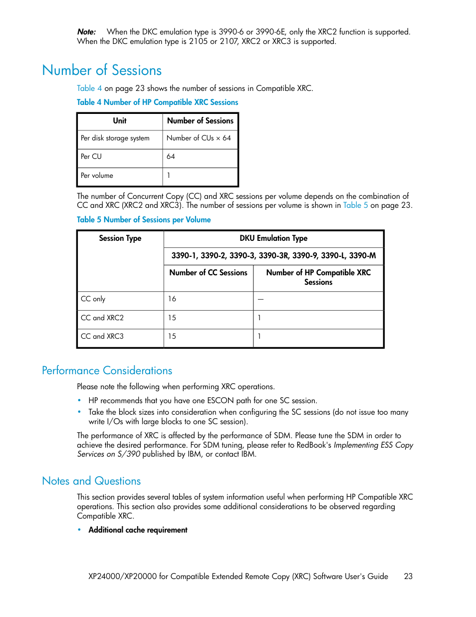 Number of sessions, Performance considerations, Notes and questions | 23 notes and questions, Number of hp compatible xrc sessions, Number of sessions per volume | HP XP for Compatible Extended Remote Copy Software Licenses User Manual | Page 23 / 48