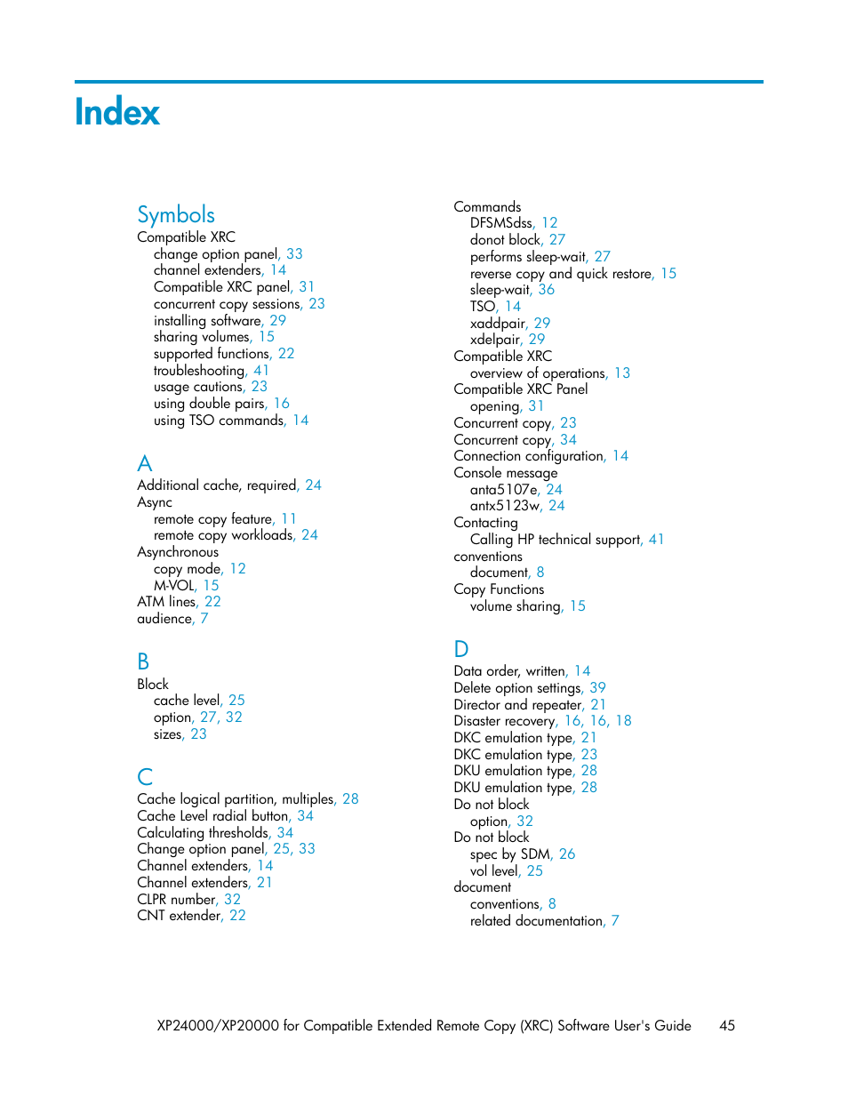 Index, Symbols | HP XP for Compatible Extended Remote Copy Software Licenses User Manual | Page 45 / 48
