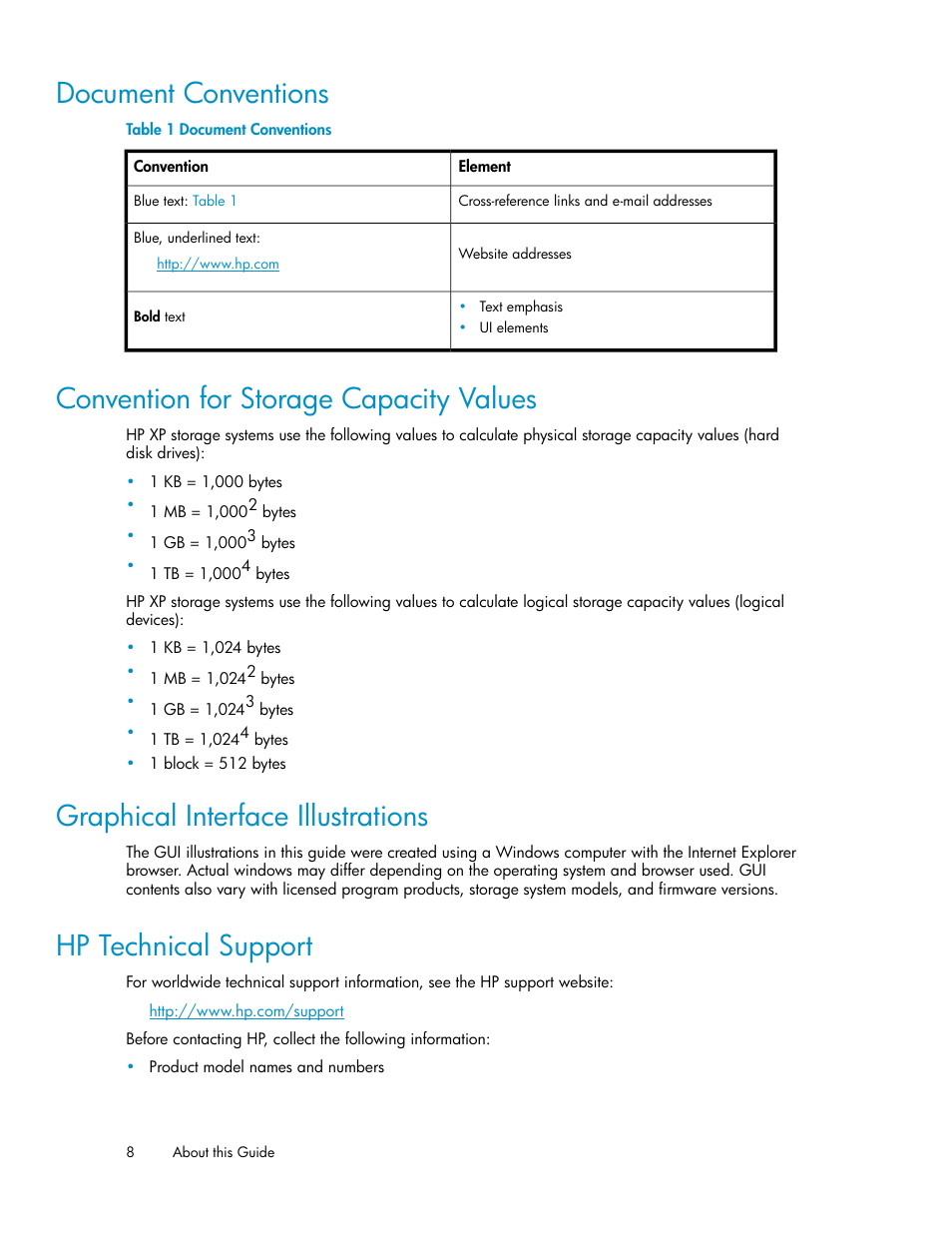 Document conventions, Convention for storage capacity values, Graphical interface illustrations | Hp technical support, 8 convention for storage capacity values, 8 graphical interface illustrations, 8 hp technical support | HP XP for Compatible Extended Remote Copy Software Licenses User Manual | Page 8 / 48