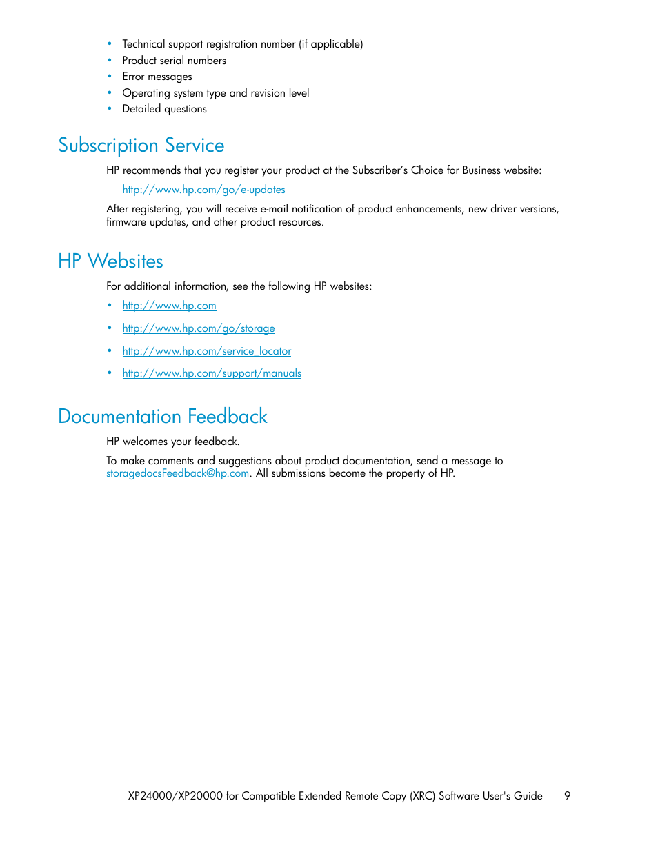Subscription service, Hp websites, Documentation feedback | 9 hp websites, 9 documentation feedback | HP XP for Compatible Extended Remote Copy Software Licenses User Manual | Page 9 / 48