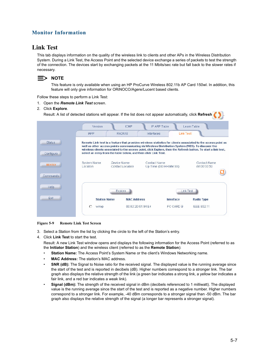 Link test, Link test -7, Monitor information | HP ProCurve 520wl Wireless Access Point User Manual | Page 100 / 191