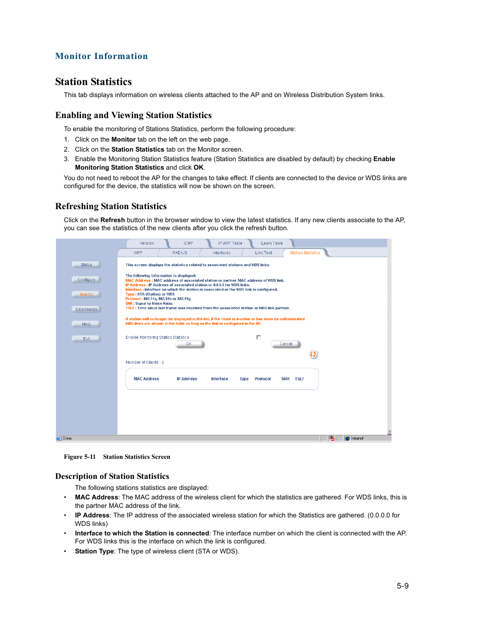 Station statistics, Enabling and viewing station statistics, Refreshing station statistics | Station statistics -9, Enabling and viewing station statistics -9, Refreshing station statistics -9, Monitor information | HP ProCurve 520wl Wireless Access Point User Manual | Page 102 / 191