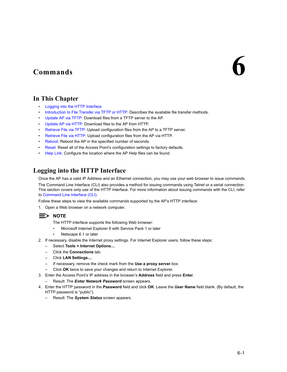 Commands, In this chapter, Logging into the http interface | 6 commands, Logging into the http interface -1 | HP ProCurve 520wl Wireless Access Point User Manual | Page 104 / 191