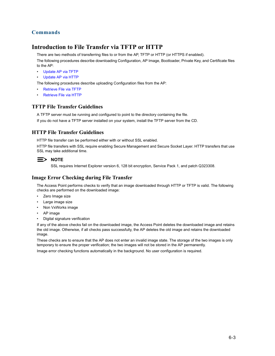 Introduction to file transfer via tftp or http, Tftp file transfer guidelines, Http file transfer guidelines | Image error checking during file transfer, Introduction to file transfer via tftp or http -3, Tftp file transfer guidelines -3, Http file transfer guidelines -3, Image error checking during file transfer -3, Commands | HP ProCurve 520wl Wireless Access Point User Manual | Page 106 / 191