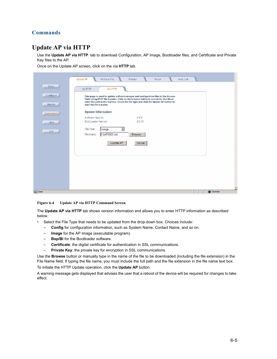 Update ap via http, Update ap via http -5, Commands | HP ProCurve 520wl Wireless Access Point User Manual | Page 108 / 191