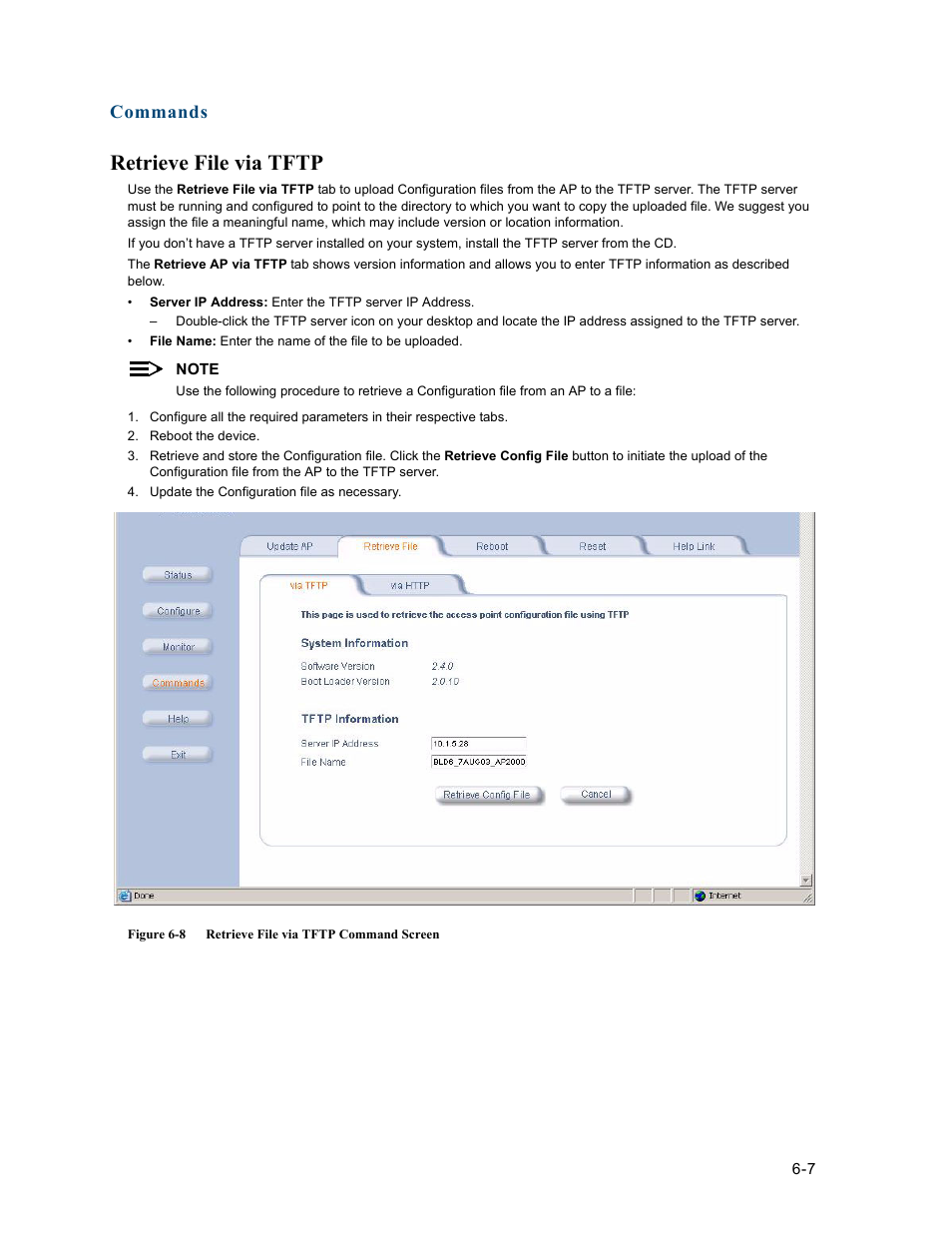 Retrieve file via tftp, Retrieve file via tftp -7, Commands | HP ProCurve 520wl Wireless Access Point User Manual | Page 110 / 191