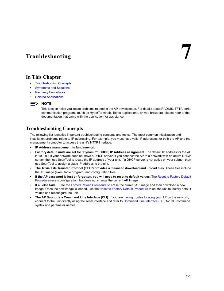 Troubleshooting, In this chapter, Troubleshooting concepts | 7 troubleshooting, Troubleshooting concepts -1 | HP ProCurve 520wl Wireless Access Point User Manual | Page 116 / 191