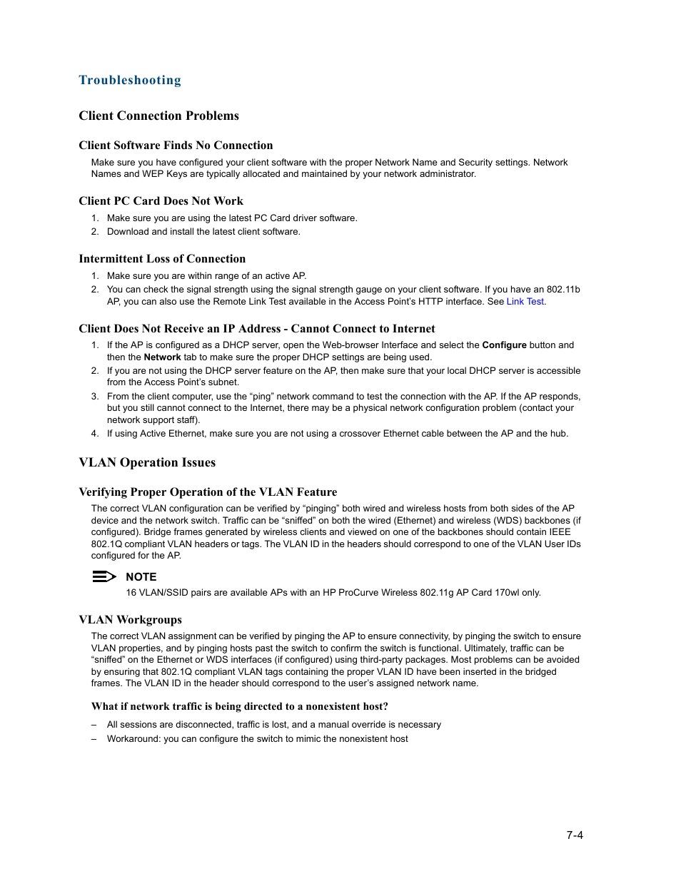 Client connection problems, Vlan operation issues, Client connection problems -4 | Vlan operation issues -4, Ed (see | HP ProCurve 520wl Wireless Access Point User Manual | Page 119 / 191