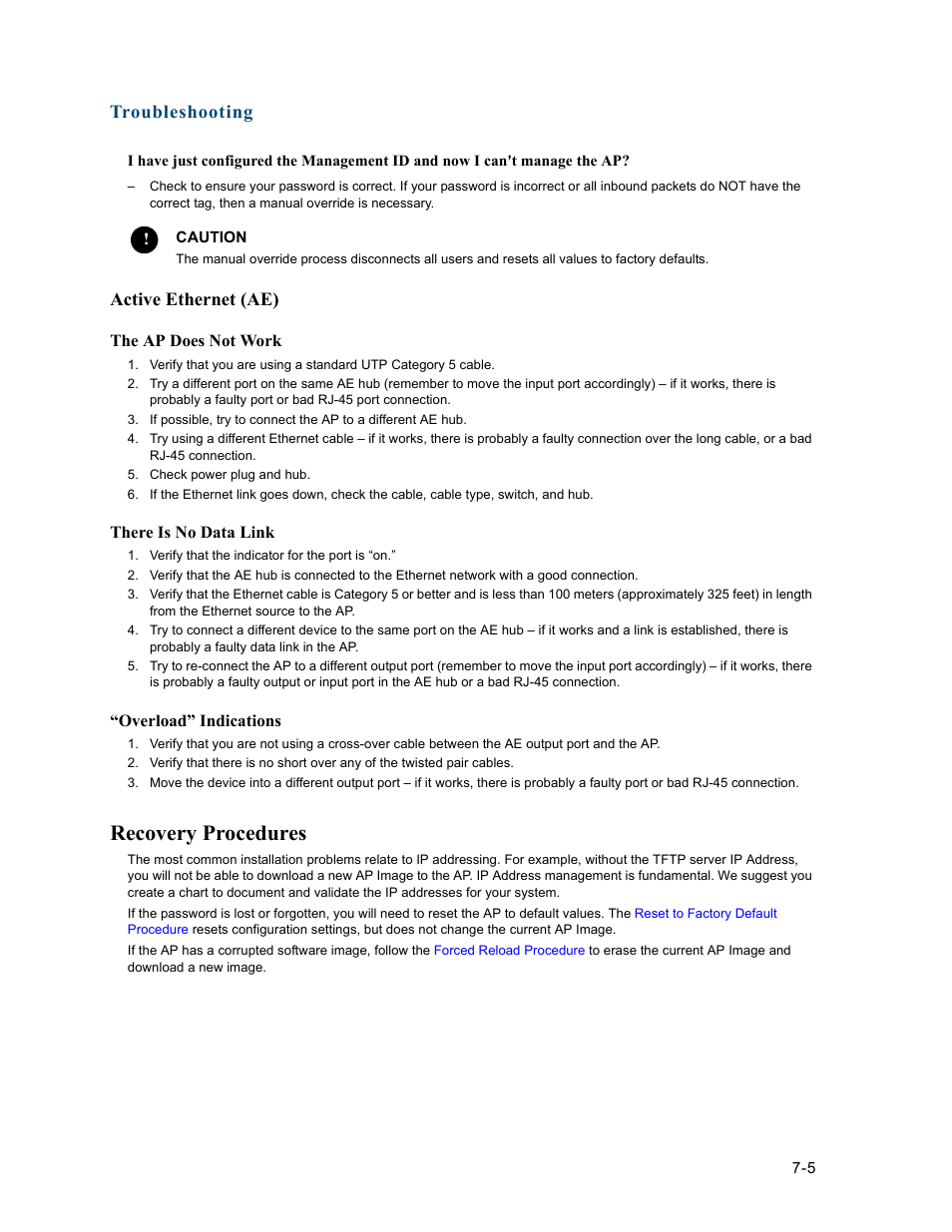 Active ethernet (ae), Recovery procedures, Active ethernet (ae) -5 | Recovery procedures -5, Troubleshooting | HP ProCurve 520wl Wireless Access Point User Manual | Page 120 / 191