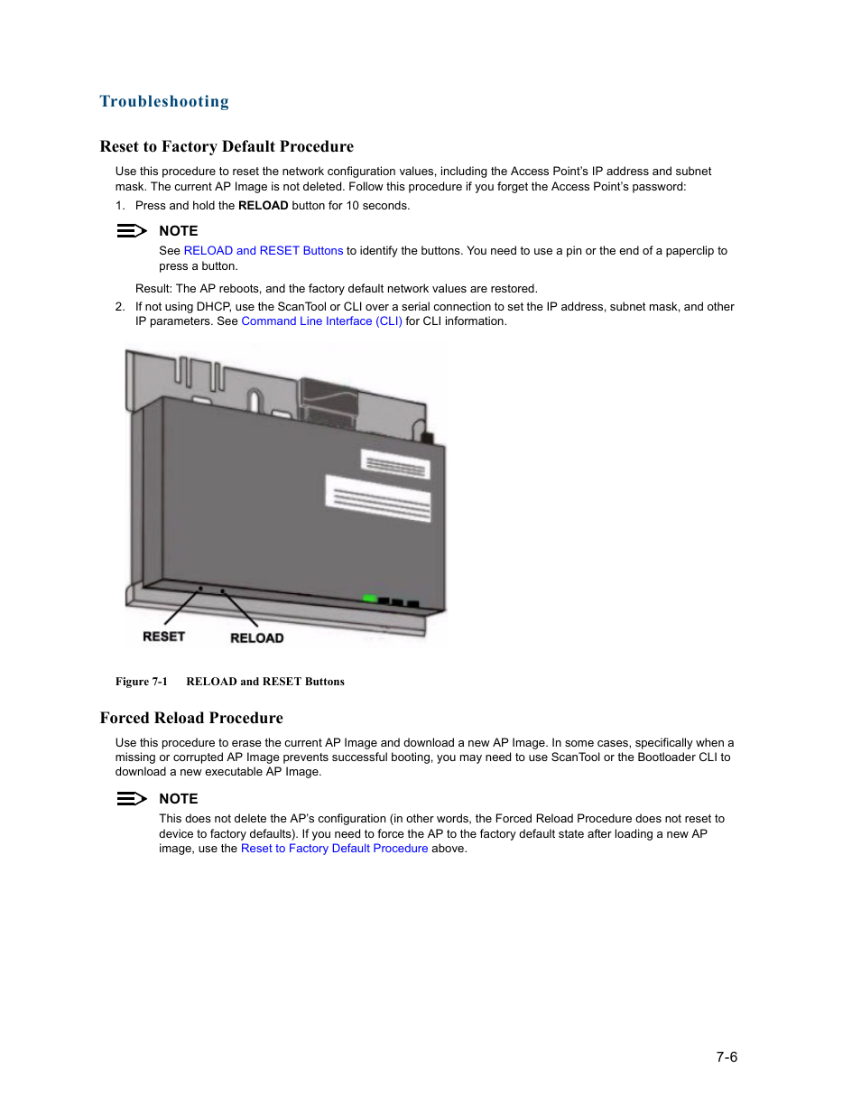 Reset to factory default procedure, Forced reload procedure, Reset to factory default procedure -6 | Forced reload procedure -6, Reset to factory default, Procedure, Troubleshooting reset to factory default procedure | HP ProCurve 520wl Wireless Access Point User Manual | Page 121 / 191