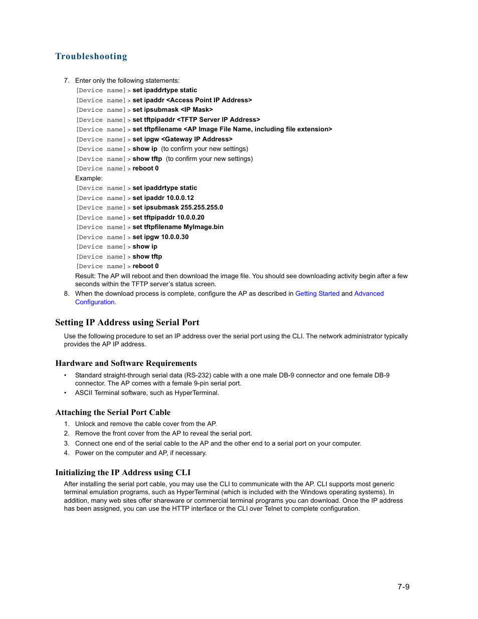 Setting ip address using serial port, Setting ip address using serial port -9, Setting ip address using | Serial port, Initializing the ip, Address using cli, Proc, Troubleshooting, Hardware and software requirements, Attaching the serial port cable | HP ProCurve 520wl Wireless Access Point User Manual | Page 124 / 191