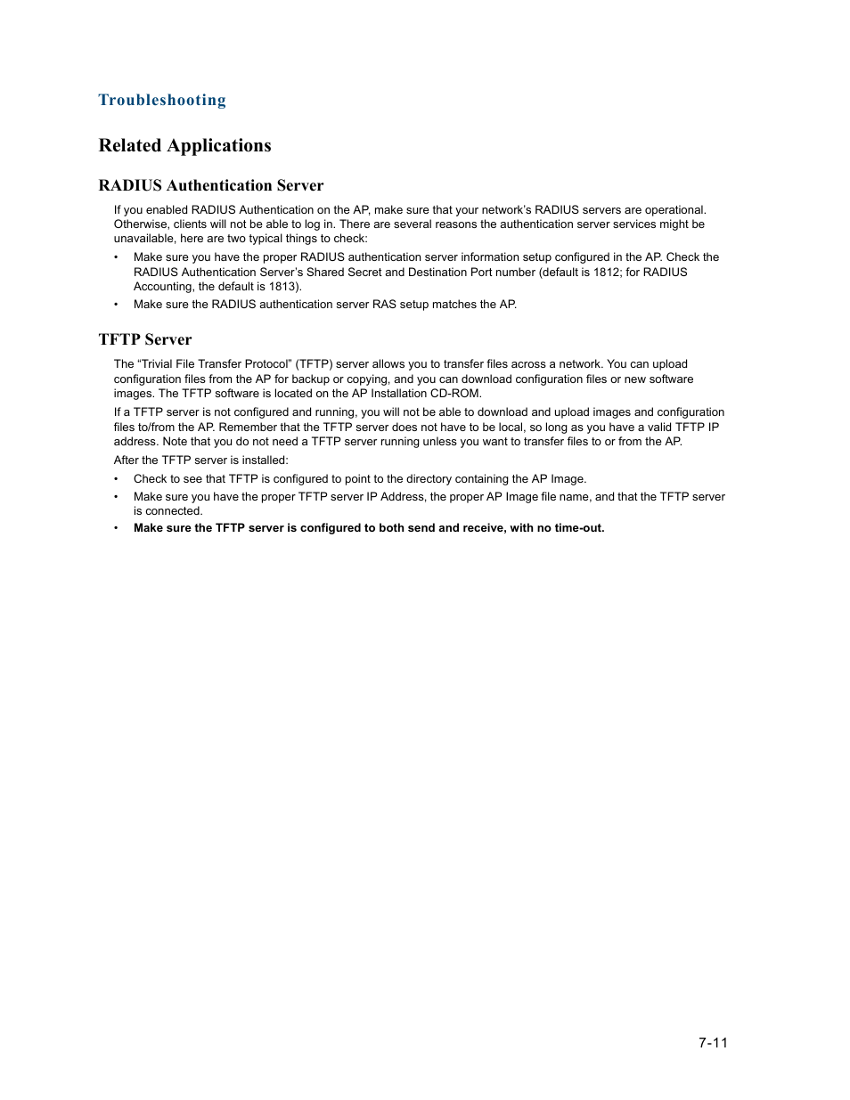 Related applications, Radius authentication server, Tftp server | Related applications -11, Radius authentication server -11, Tftp server -11 | HP ProCurve 520wl Wireless Access Point User Manual | Page 126 / 191