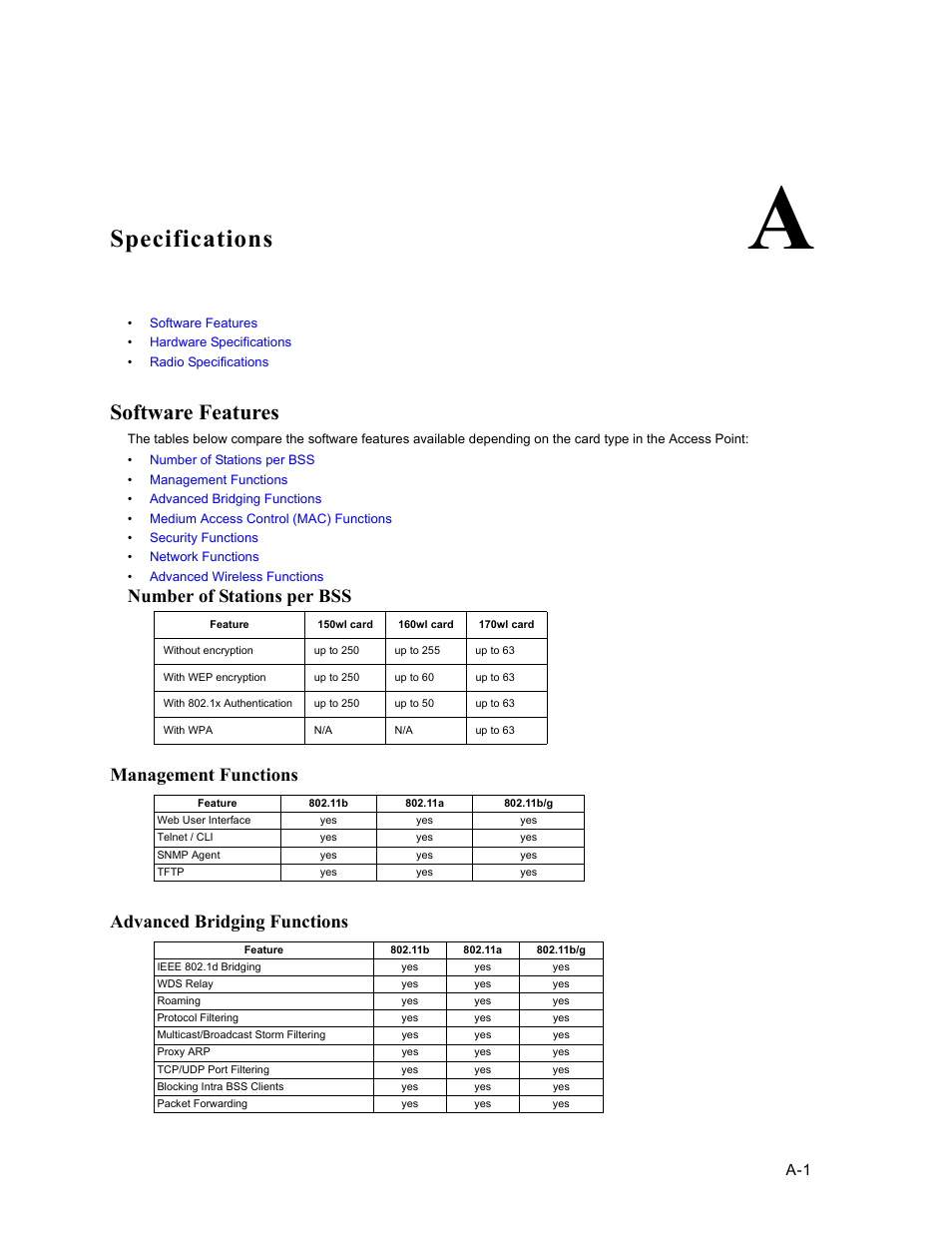 A. specifications, Software features, Management functions | Advanced bridging functions, A specifications, Specifications, Number of stations per bss | HP ProCurve 520wl Wireless Access Point User Manual | Page 127 / 191