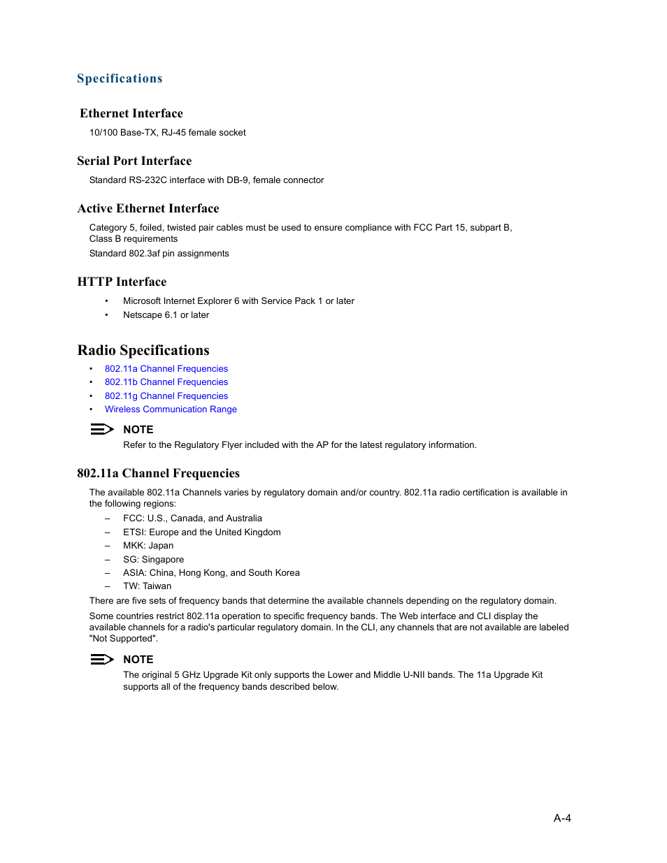 Ethernet interface, Serial port interface, Active ethernet interface | Http interface, Radio specifications, 11a channel frequencies, 11a channel, Frequencies, Specifications ethernet interface | HP ProCurve 520wl Wireless Access Point User Manual | Page 130 / 191