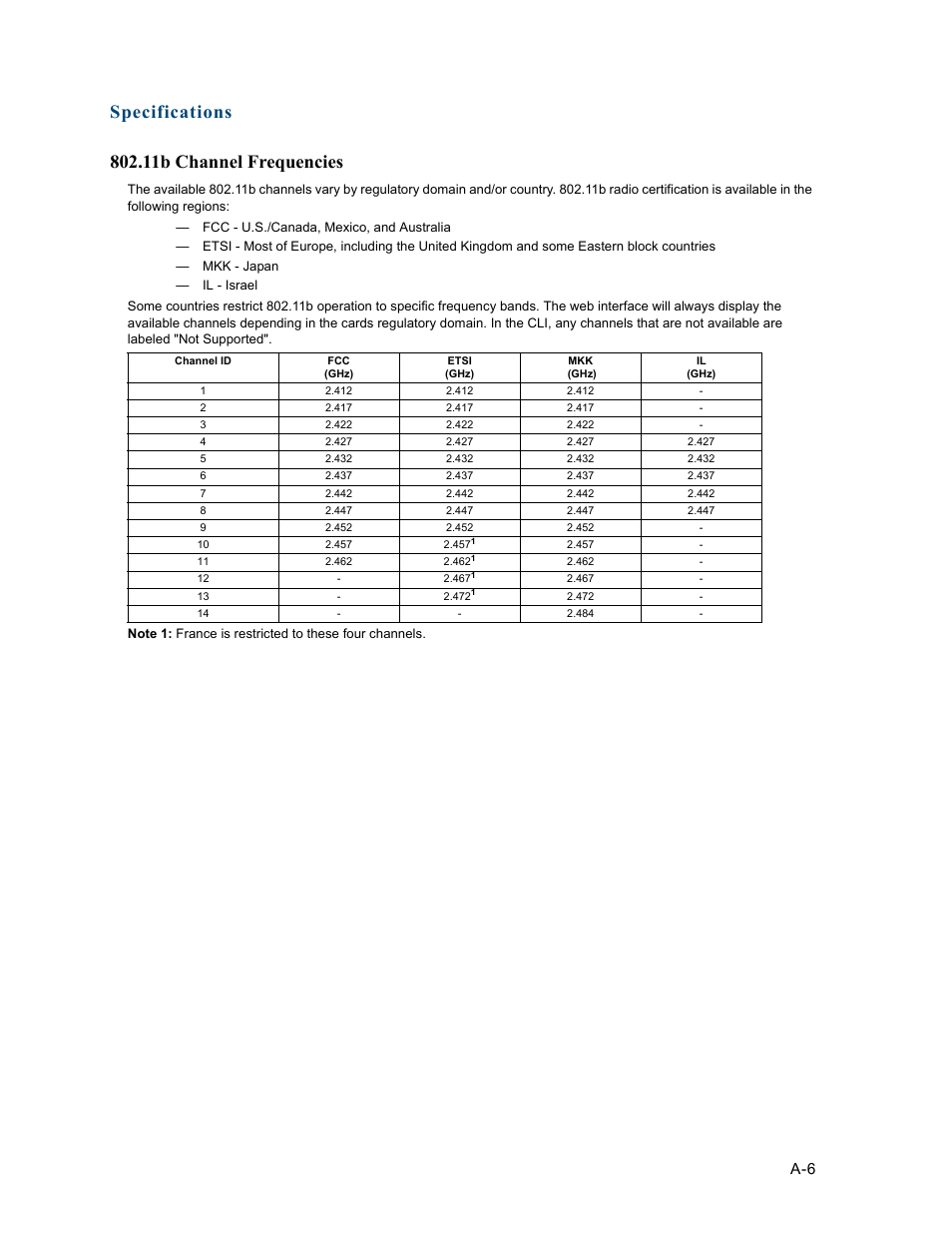 11b channel frequencies, Channel frequencies | HP ProCurve 520wl Wireless Access Point User Manual | Page 132 / 191