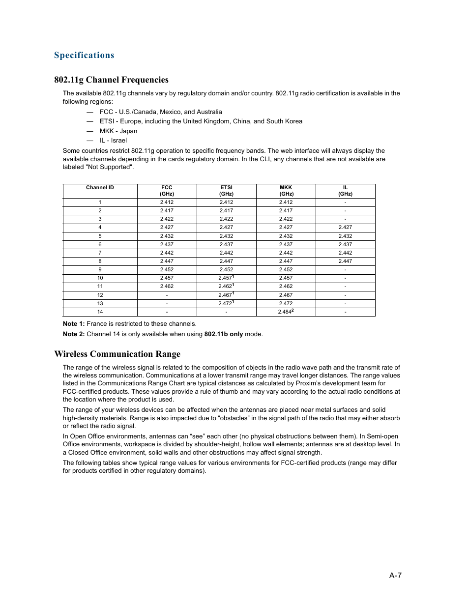 11g channel frequencies, Wireless communication range, 11g channel | Frequencies, Channel frequencies | HP ProCurve 520wl Wireless Access Point User Manual | Page 133 / 191