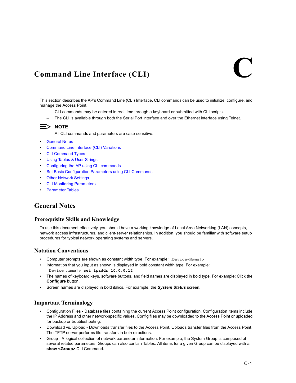 C. command line interface (cli), General notes, Prerequisite skills and knowledge | Notation conventions, Important terminology, C command line interface (cli), On and, Command line interface, Cli), Command line interface (cli) | HP ProCurve 520wl Wireless Access Point User Manual | Page 137 / 191