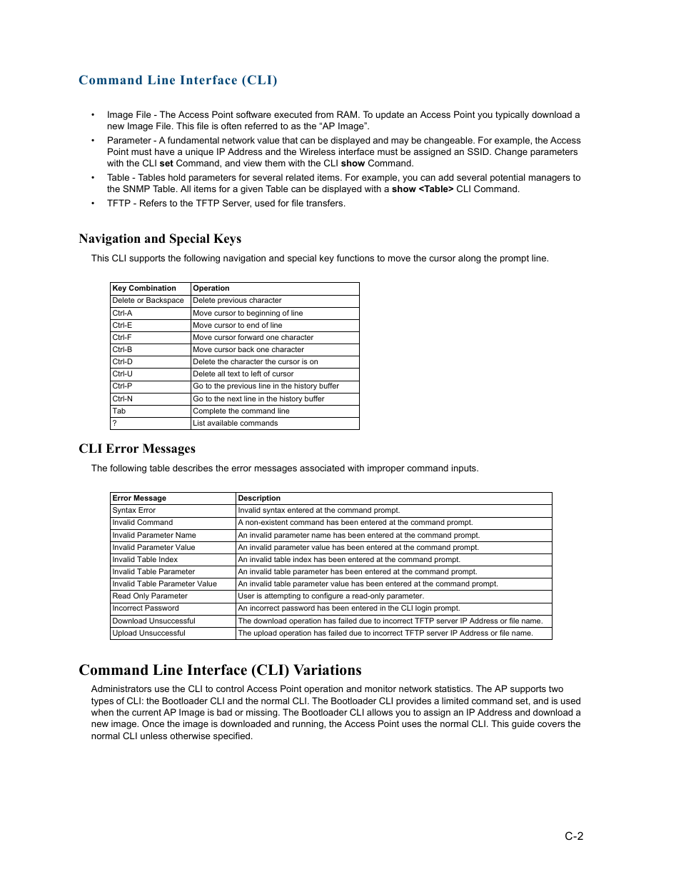 Navigation and special keys, Cli error messages, Command line interface (cli) variations | Command line interface (cli) | HP ProCurve 520wl Wireless Access Point User Manual | Page 138 / 191