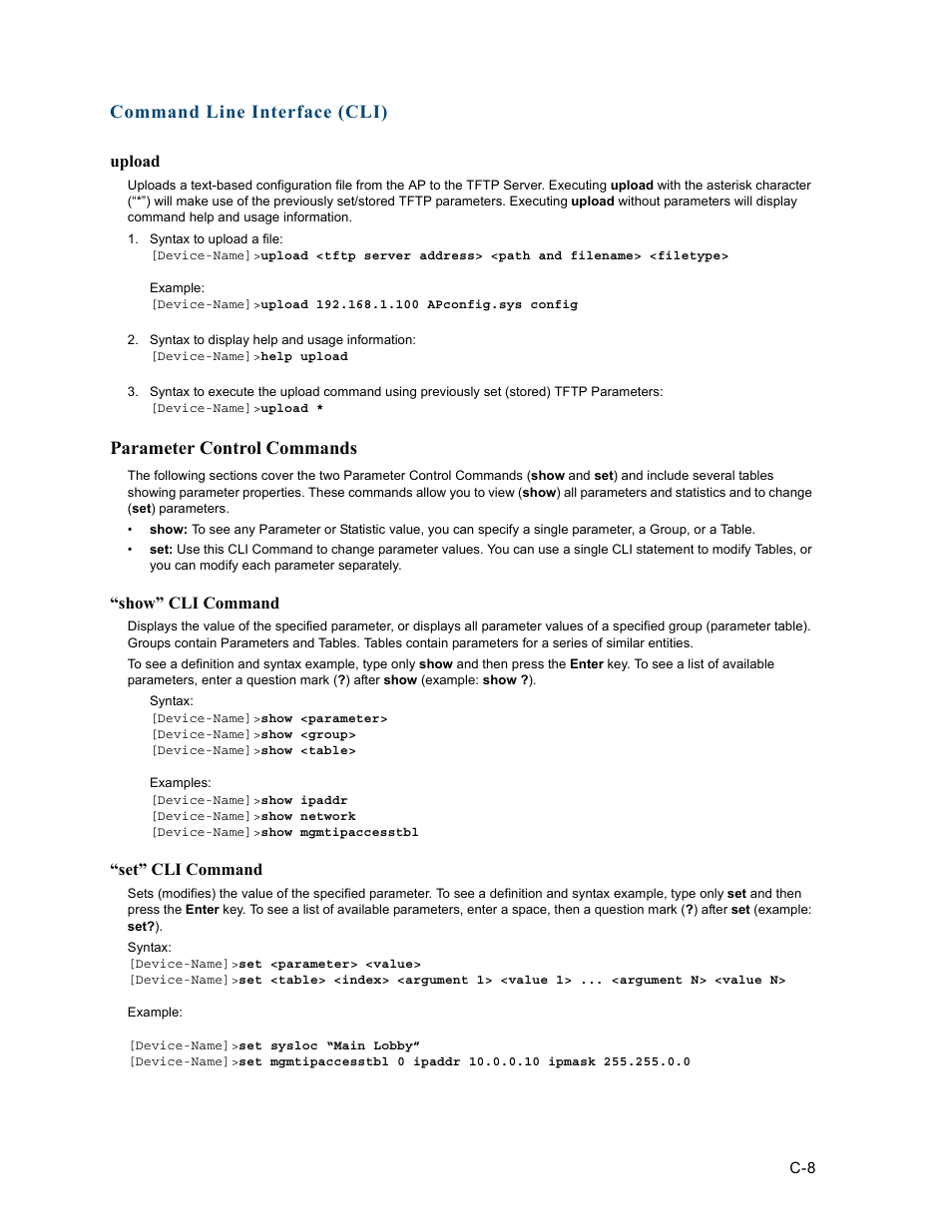 Parameter control commands, Command line interface (cli) | HP ProCurve 520wl Wireless Access Point User Manual | Page 144 / 191