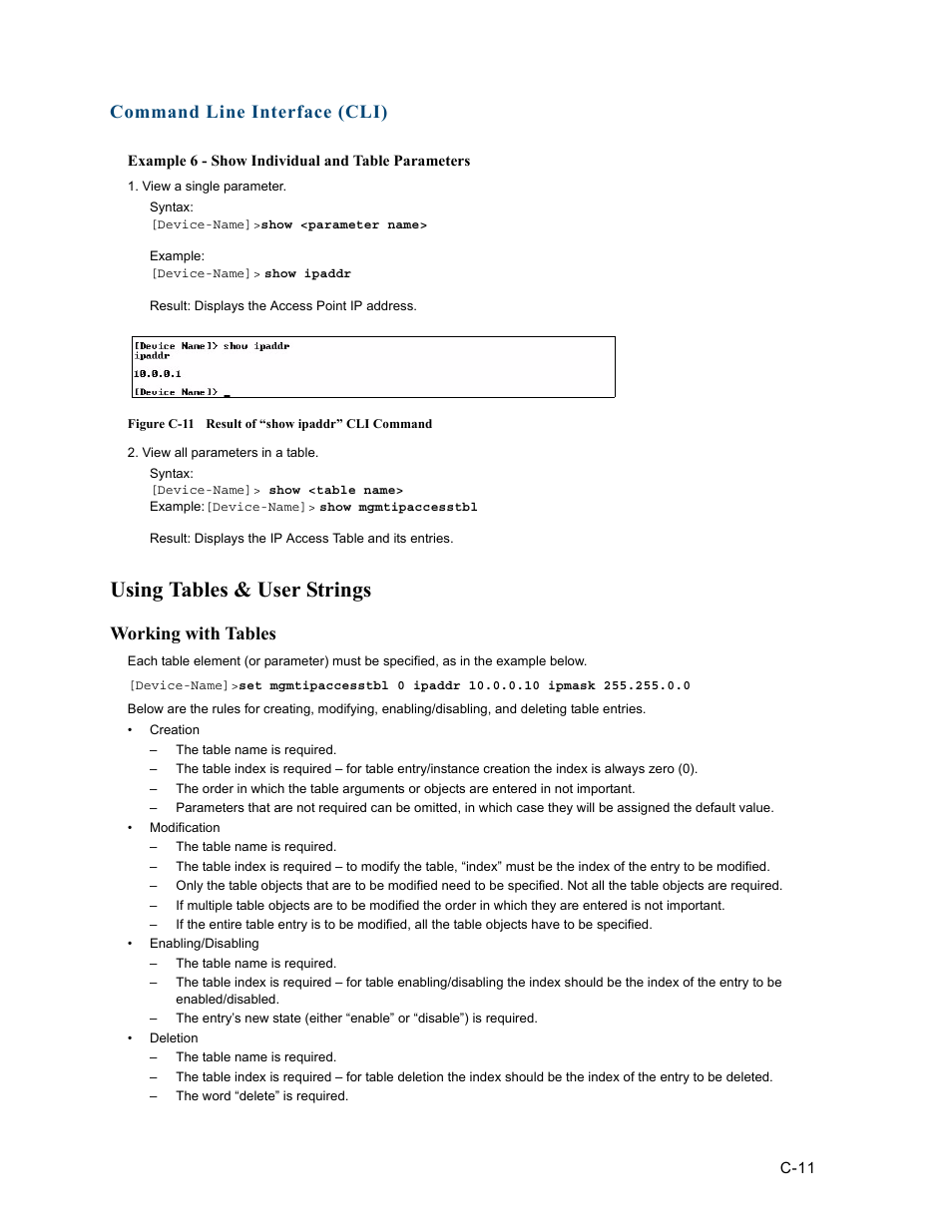 Using tables & user strings, Working with tables, Command line interface (cli) | HP ProCurve 520wl Wireless Access Point User Manual | Page 147 / 191