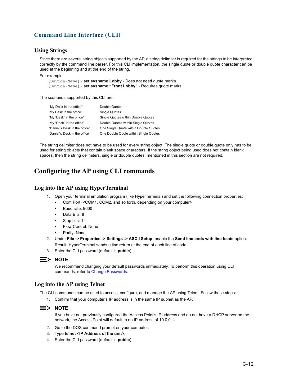 Using strings, Configuring the ap using cli commands, Log into the ap using hyperterminal | Log into the ap using telnet, Command line interface (cli) using strings | HP ProCurve 520wl Wireless Access Point User Manual | Page 148 / 191