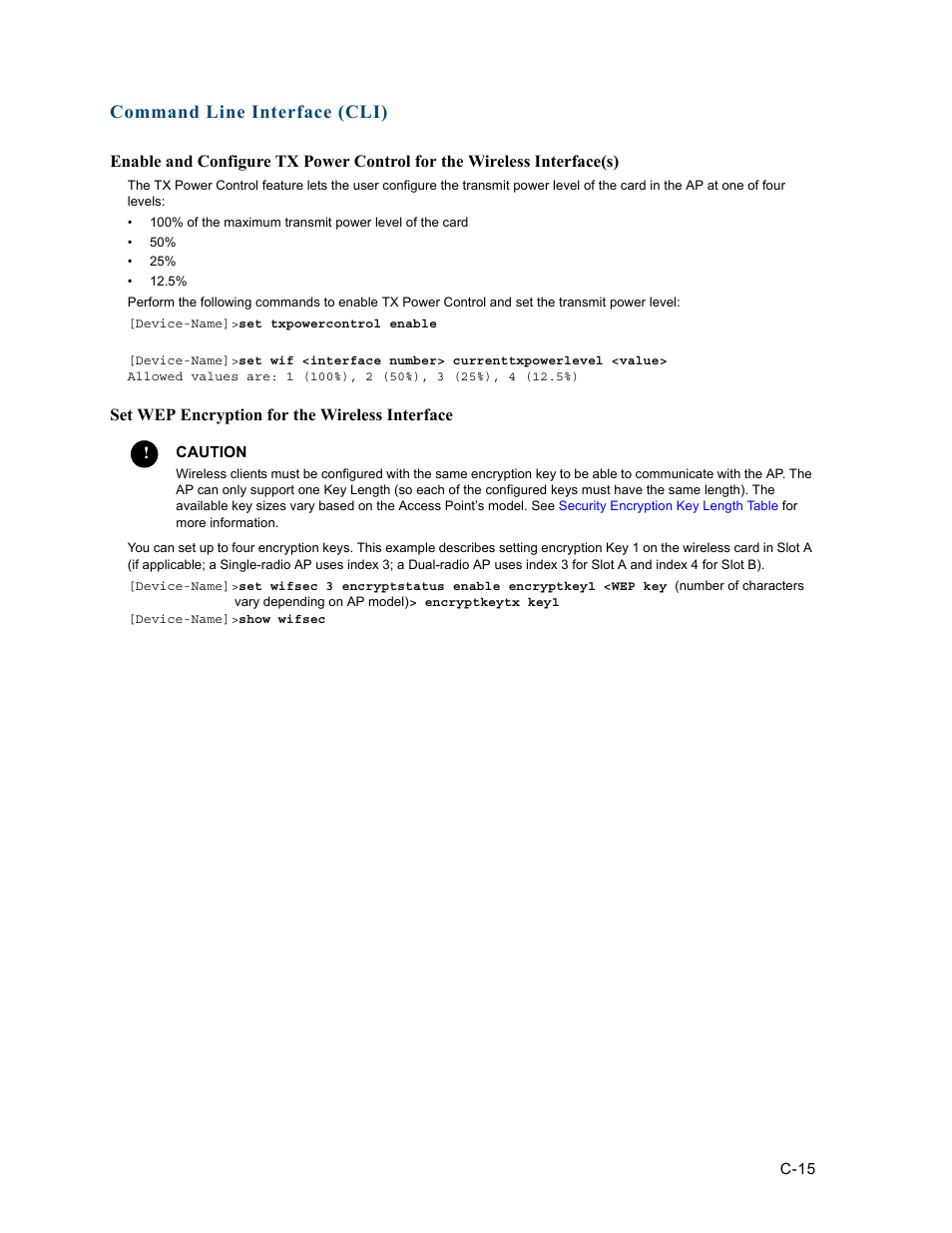 Set wep encryption for the wireless interface, Command line interface (cli) | HP ProCurve 520wl Wireless Access Point User Manual | Page 151 / 191