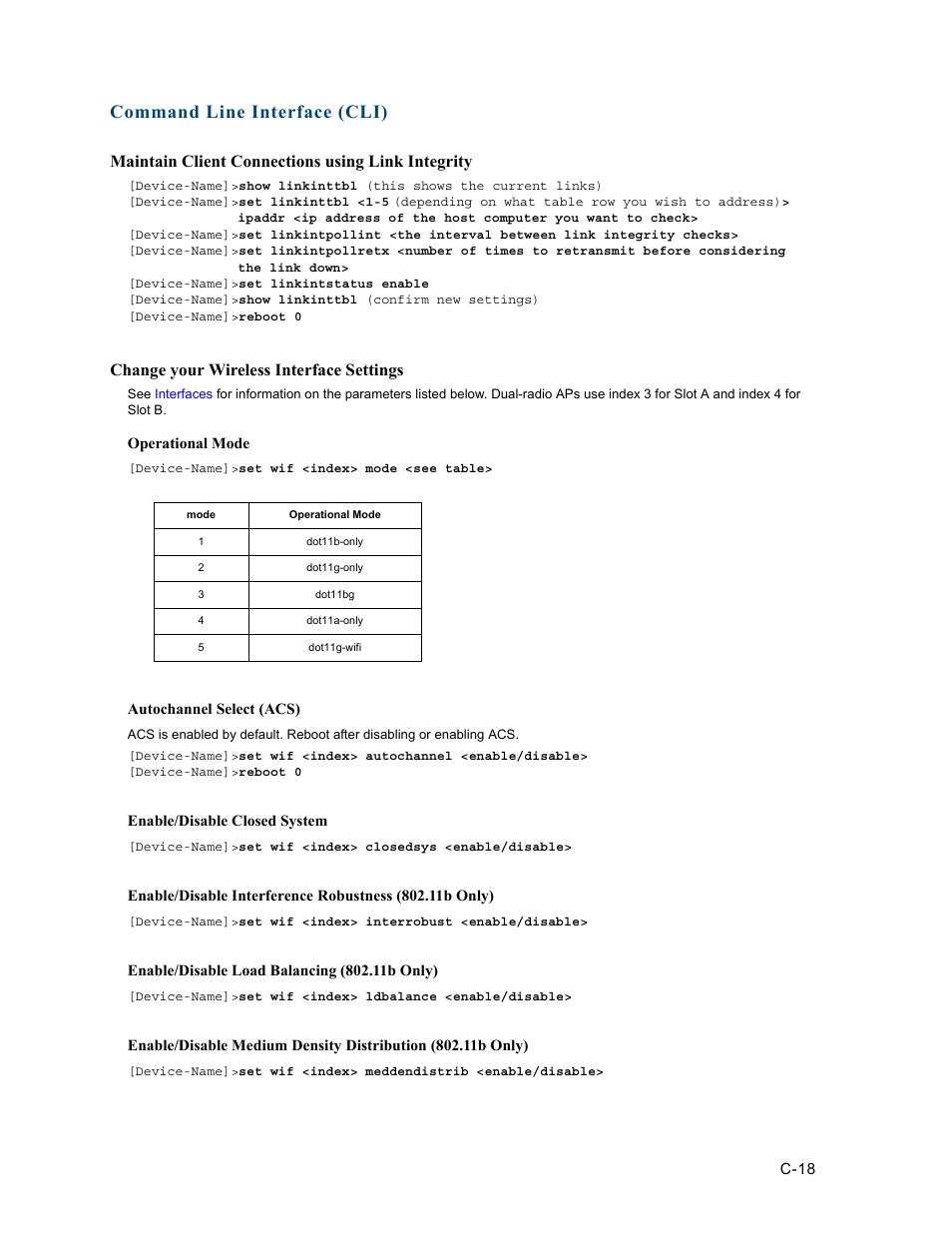 Maintain client connections using link integrity, Change your wireless interface settings, Command line interface (cli) | HP ProCurve 520wl Wireless Access Point User Manual | Page 154 / 191
