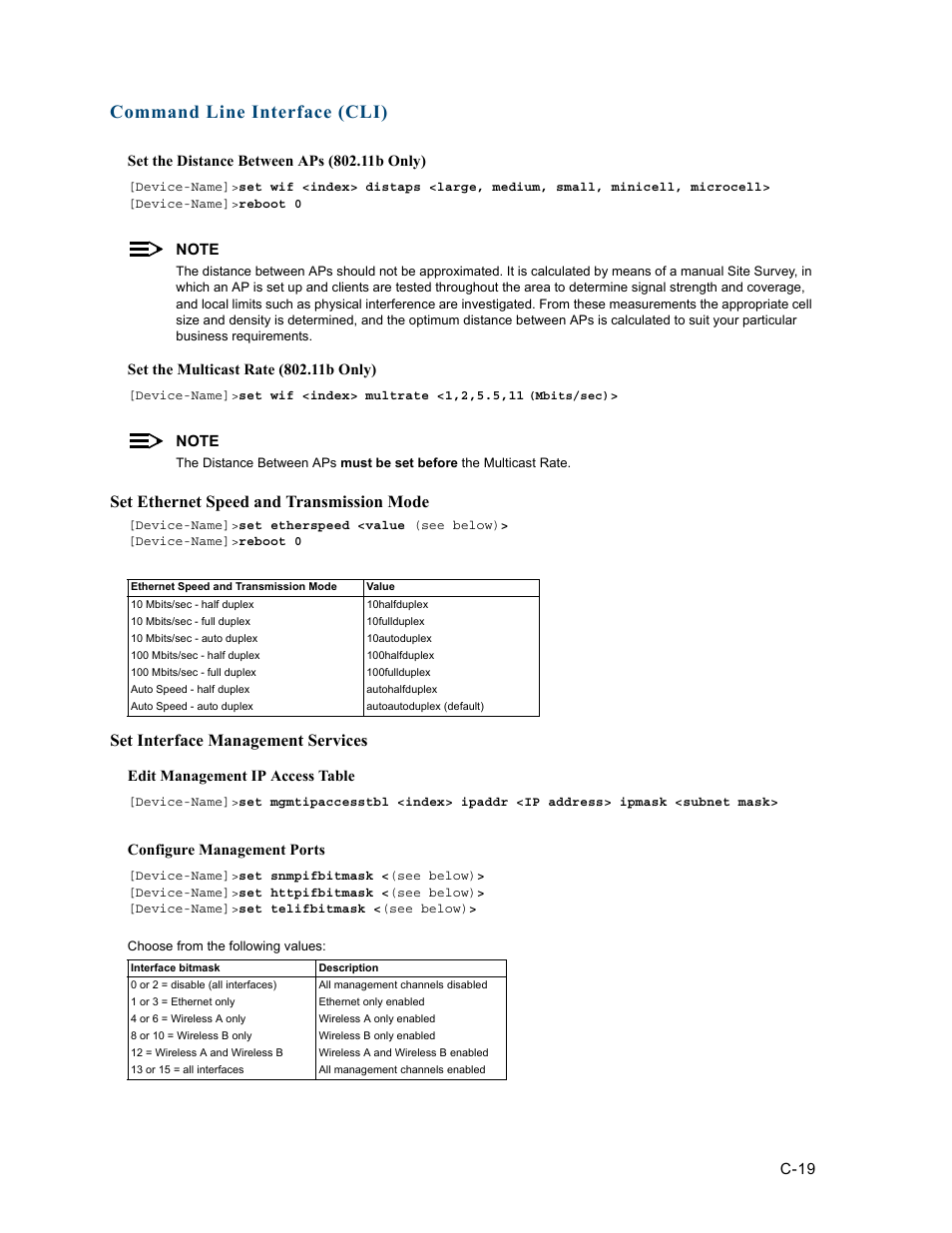 Set ethernet speed and transmission mode, Set interface management services, Command line interface (cli) | HP ProCurve 520wl Wireless Access Point User Manual | Page 155 / 191