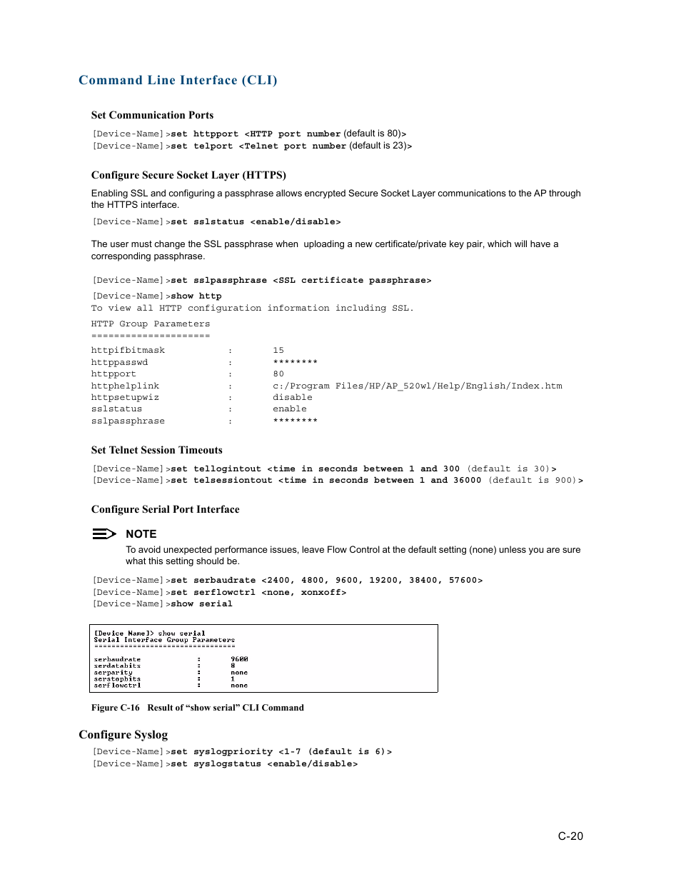 Command line interface (cli), Configure syslog | HP ProCurve 520wl Wireless Access Point User Manual | Page 156 / 191
