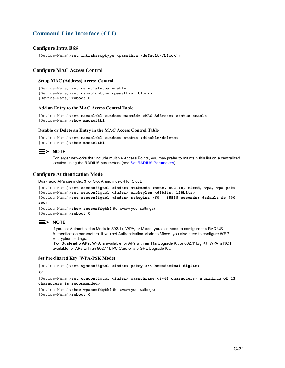 Configure mac access control, Command line interface (cli) | HP ProCurve 520wl Wireless Access Point User Manual | Page 157 / 191