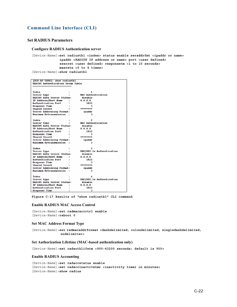 Set radius parameters, Command line interface (cli) | HP ProCurve 520wl Wireless Access Point User Manual | Page 158 / 191