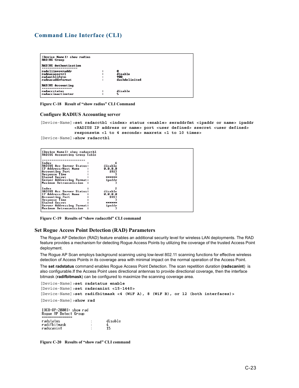 Set rogue access point detection (rad) parameters, Command line interface (cli) | HP ProCurve 520wl Wireless Access Point User Manual | Page 159 / 191