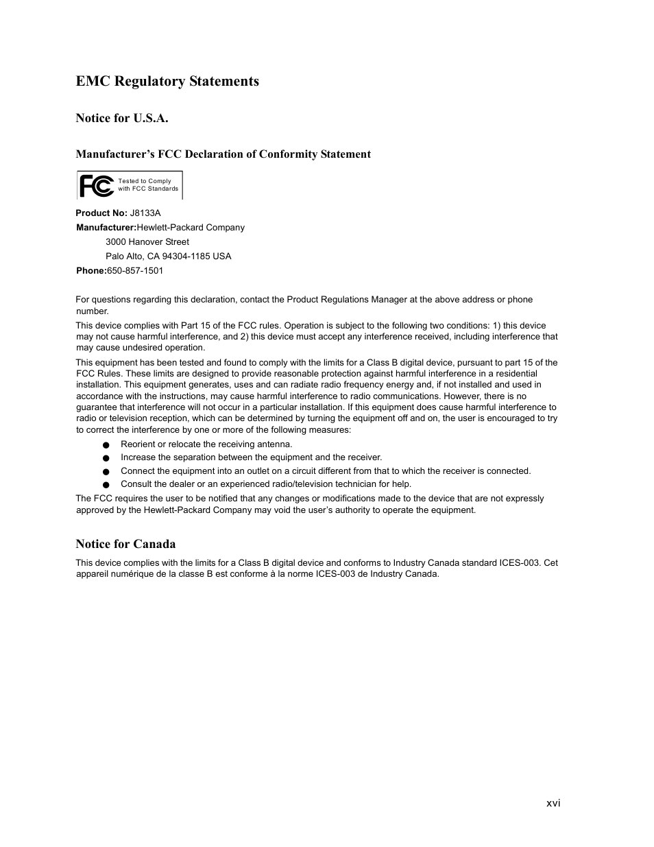Emc regulatory statements, Notice for u.s.a, Notice for canada | HP ProCurve 520wl Wireless Access Point User Manual | Page 16 / 191