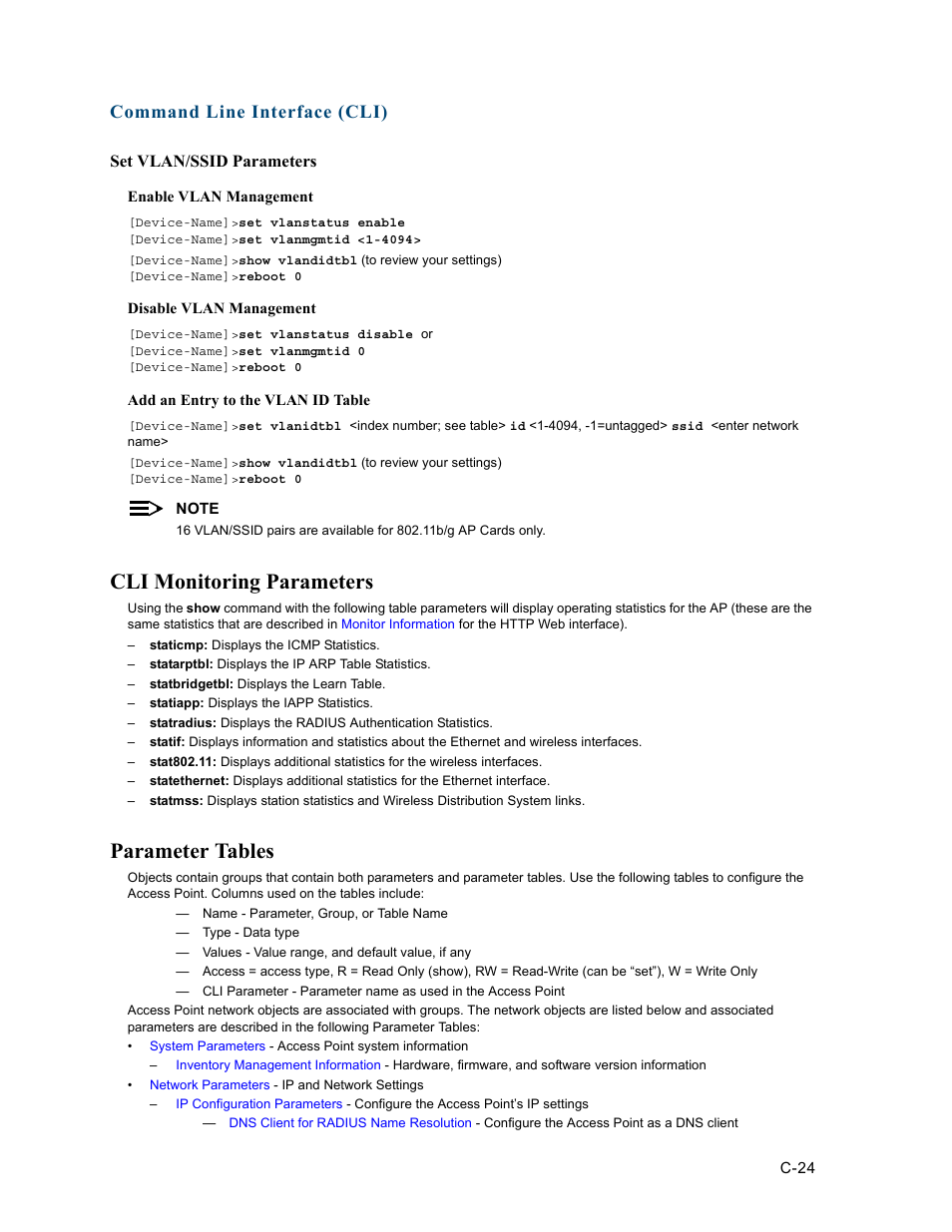 Cli monitoring parameters, Parameter tables, Set vlan/ssid parameters | Command line interface (cli) | HP ProCurve 520wl Wireless Access Point User Manual | Page 160 / 191