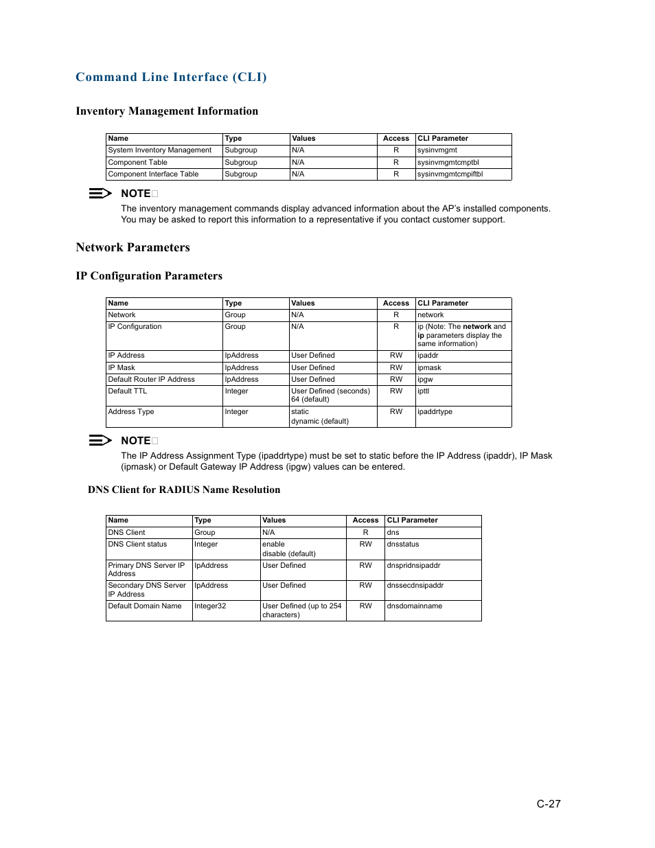 Network parameters, Inventory management information, Ip configuration parameters | Dns client for radius name resolution, Conf, Command line interface (cli), C-27 | HP ProCurve 520wl Wireless Access Point User Manual | Page 163 / 191