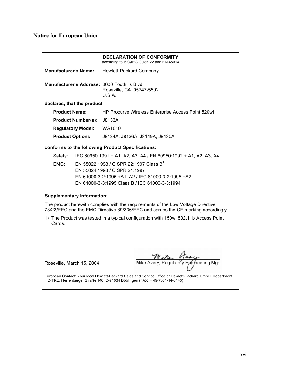 Notice for european union | HP ProCurve 520wl Wireless Access Point User Manual | Page 17 / 191