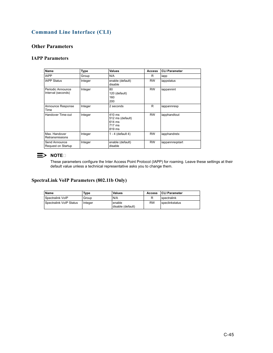 Other parameters, Iapp parameters, Spectralink voip parameters (802.11b only) | Command line interface (cli) other parameters, C-45 | HP ProCurve 520wl Wireless Access Point User Manual | Page 181 / 191