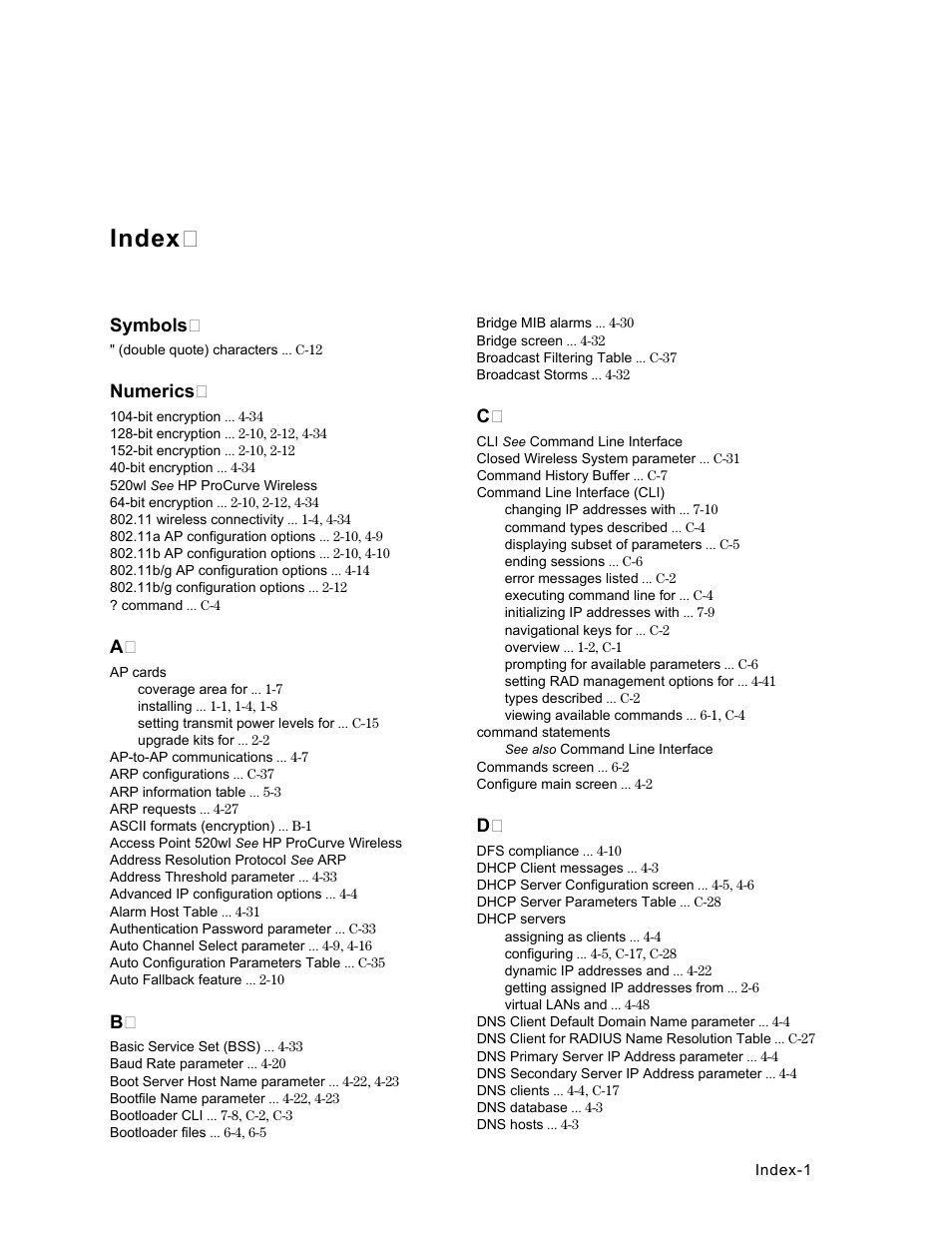 Index | HP ProCurve 520wl Wireless Access Point User Manual | Page 182 / 191