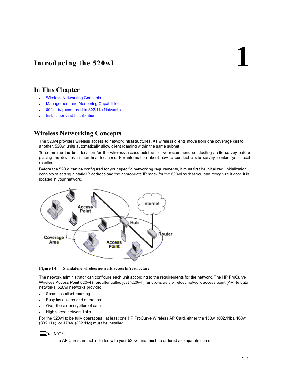 Introducing the 520wl, In this chapter, Wireless networking concepts | 1 introducing the 520wl, Wireless networking concepts -1 | HP ProCurve 520wl Wireless Access Point User Manual | Page 19 / 191