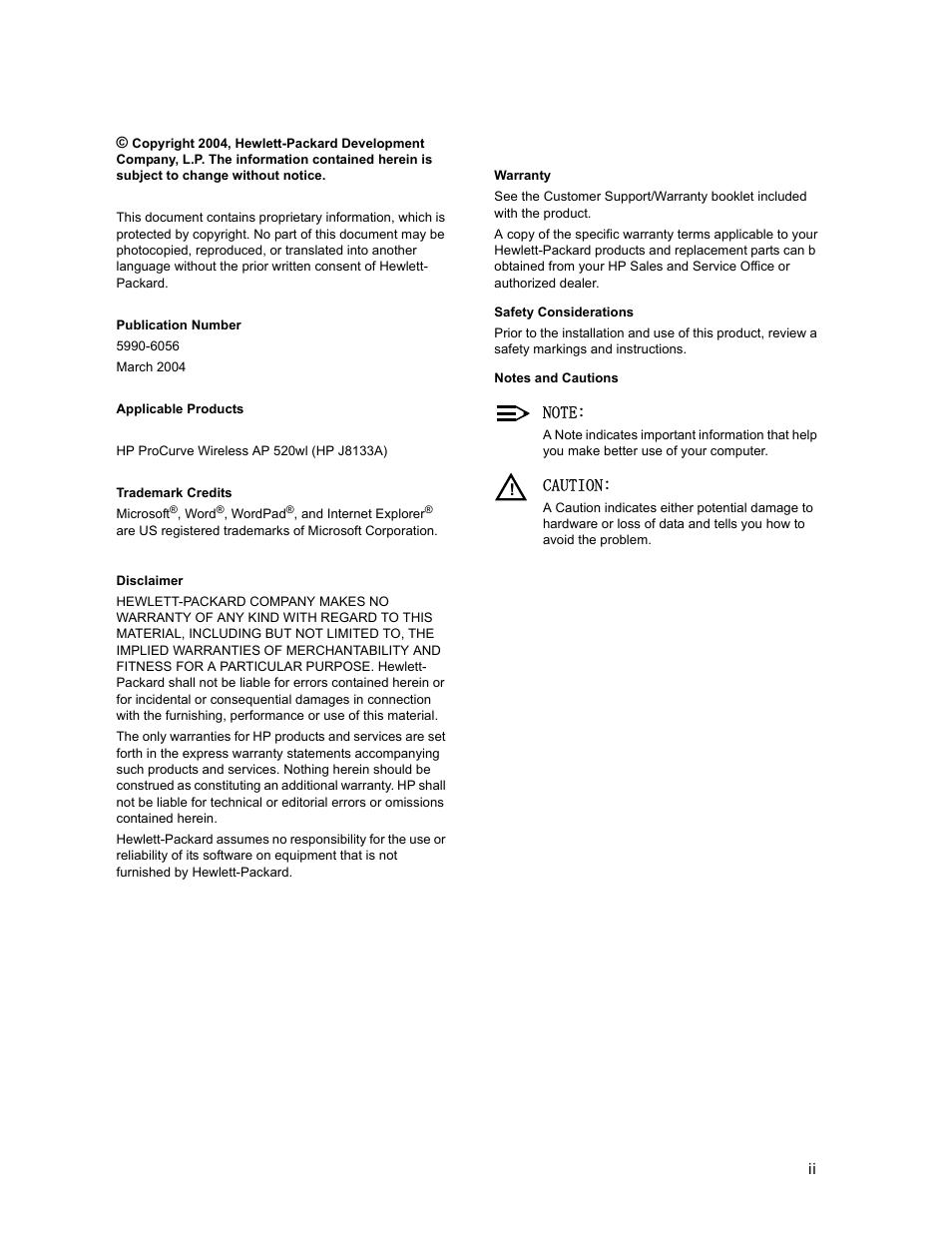 Caution | HP ProCurve 520wl Wireless Access Point User Manual | Page 2 / 191