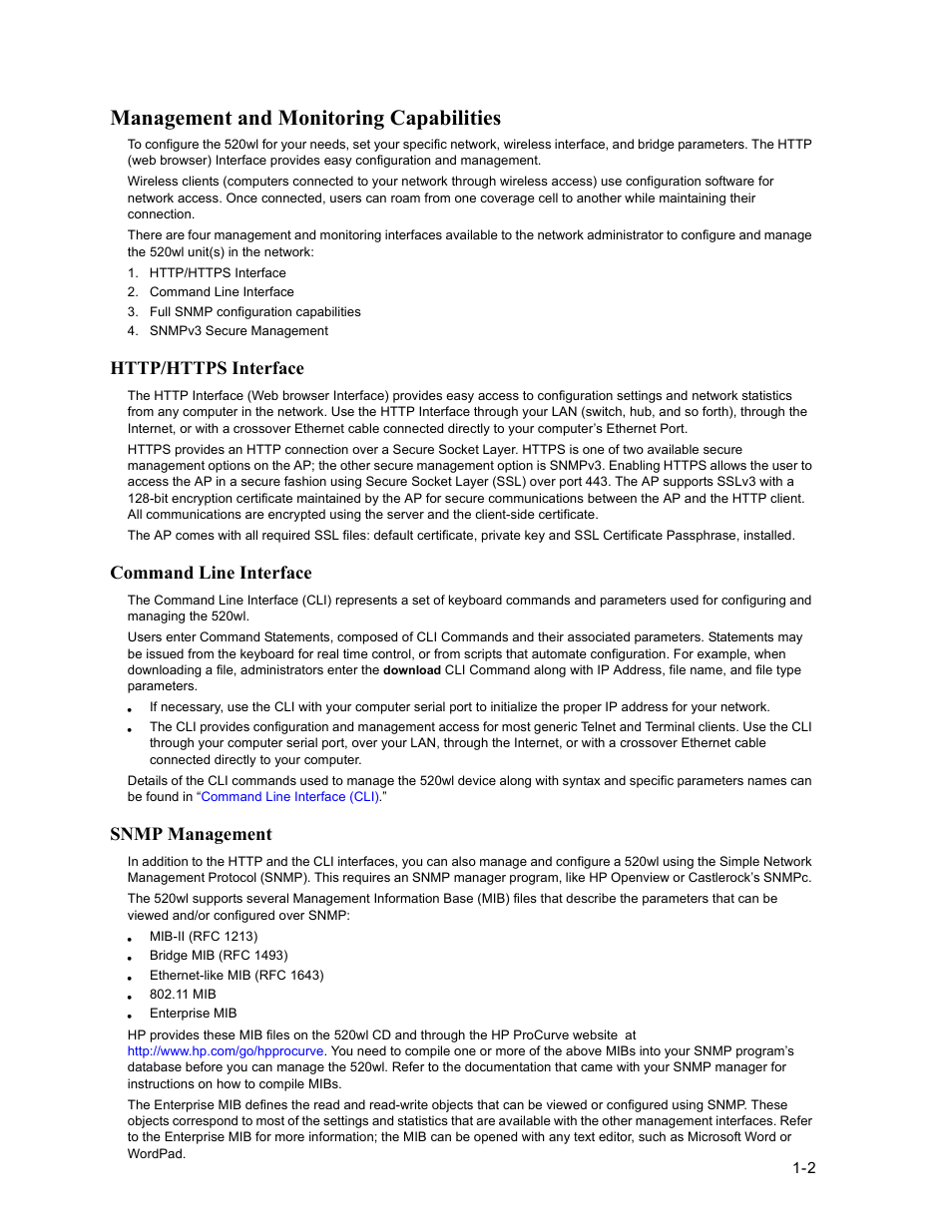 Management and monitoring capabilities, Http/https interface, Command line interface | Snmp management, Management and monitoring capabilities -2, Http/https interface -2, Command line interface -2, Snmp management -2 | HP ProCurve 520wl Wireless Access Point User Manual | Page 20 / 191