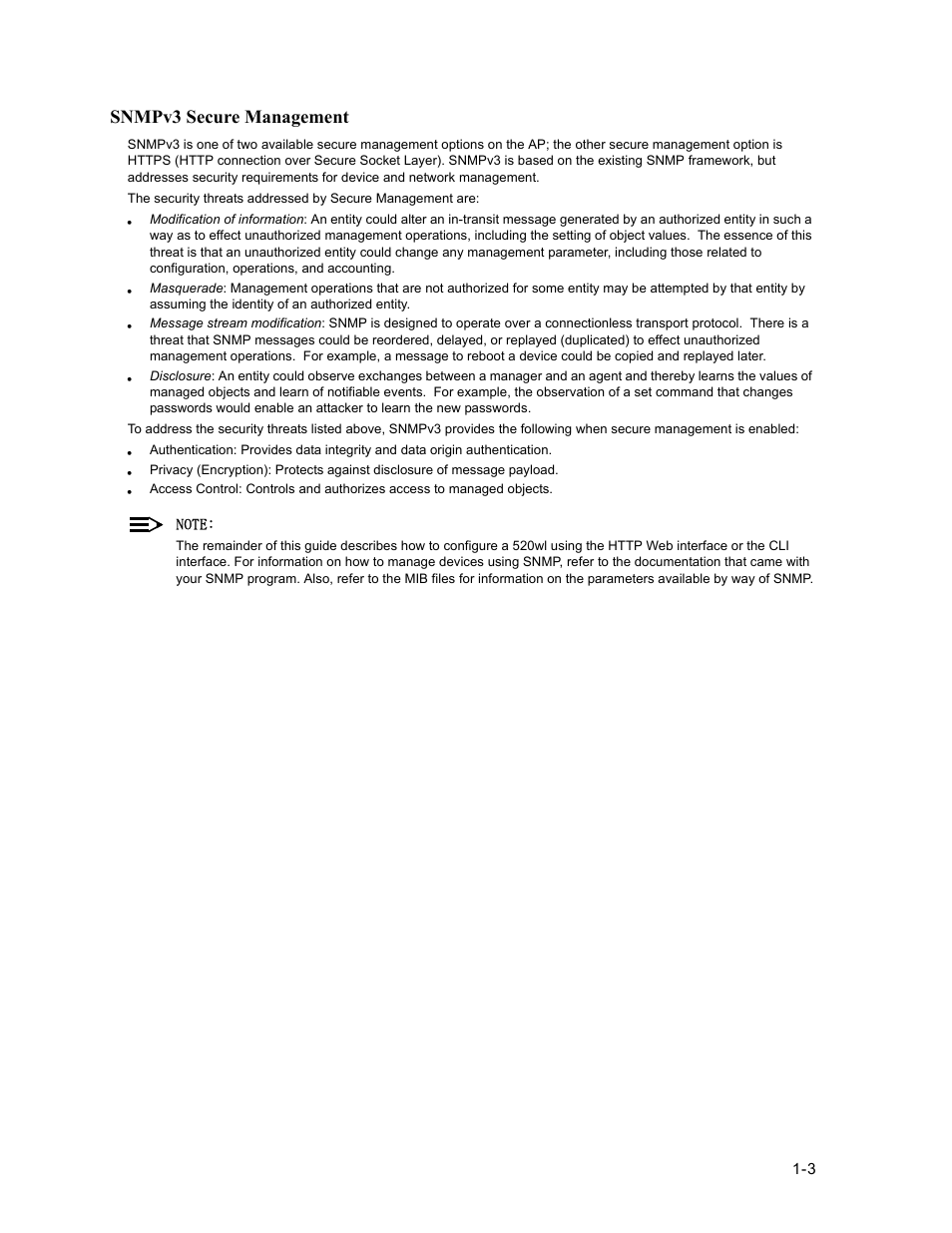 Snmpv3 secure management, Snmpv3 secure management -3 | HP ProCurve 520wl Wireless Access Point User Manual | Page 21 / 191