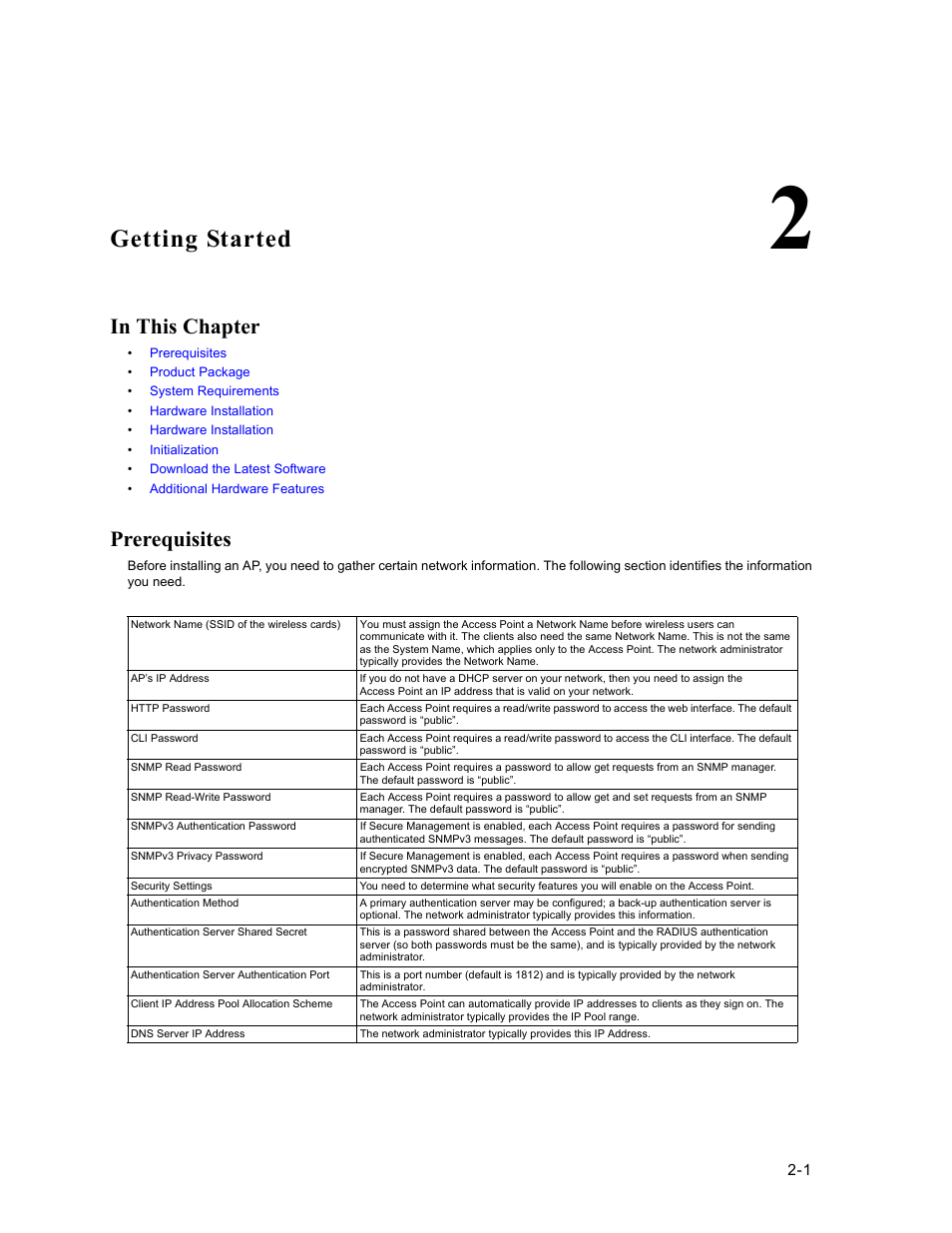 Getting started, In this chapter, Prerequisites | 2 getting started, Prerequisites -1 | HP ProCurve 520wl Wireless Access Point User Manual | Page 27 / 191