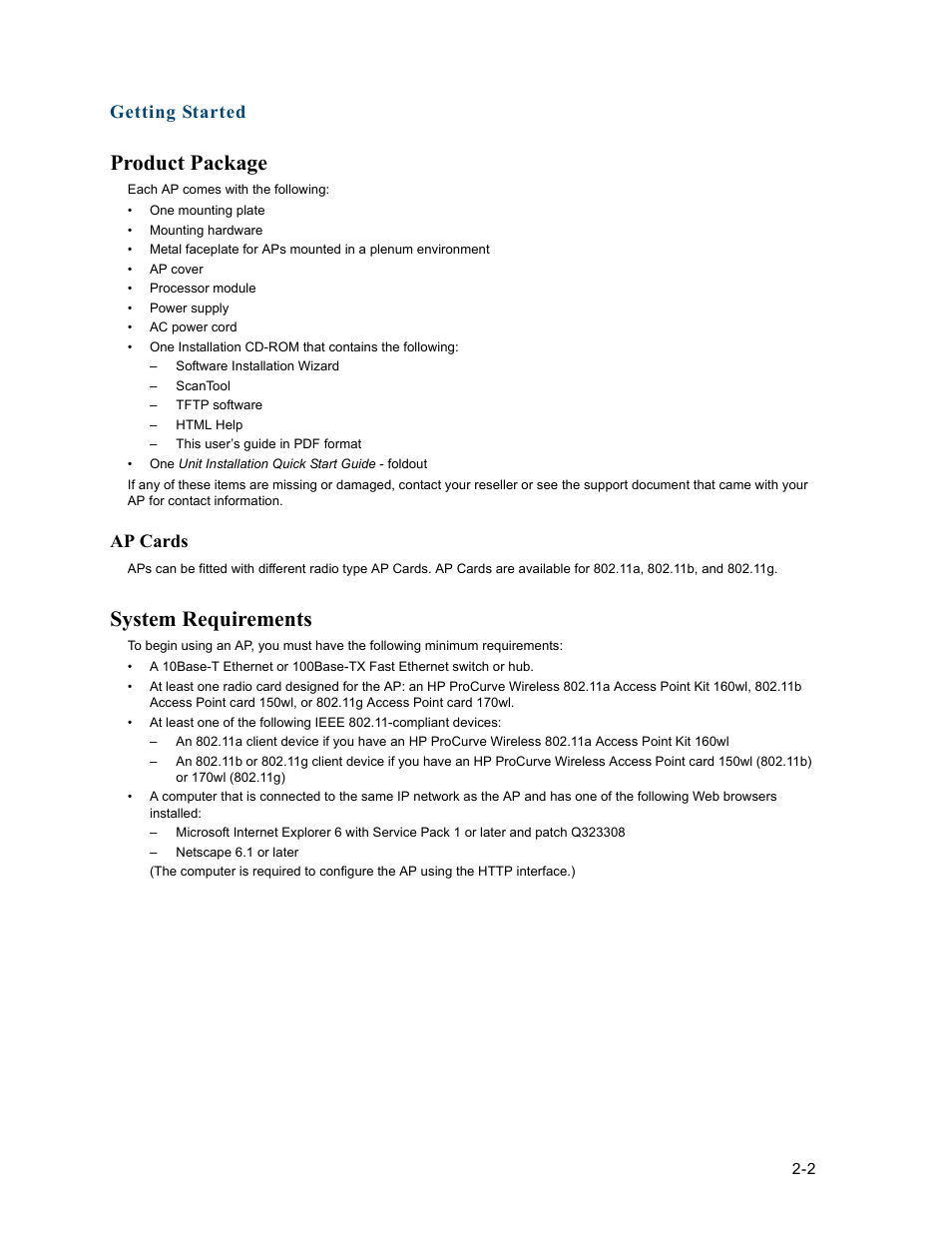 Product package, Ap cards, System requirements | Product package -2, Ap cards -2, System requirements -2, Getting started | HP ProCurve 520wl Wireless Access Point User Manual | Page 28 / 191